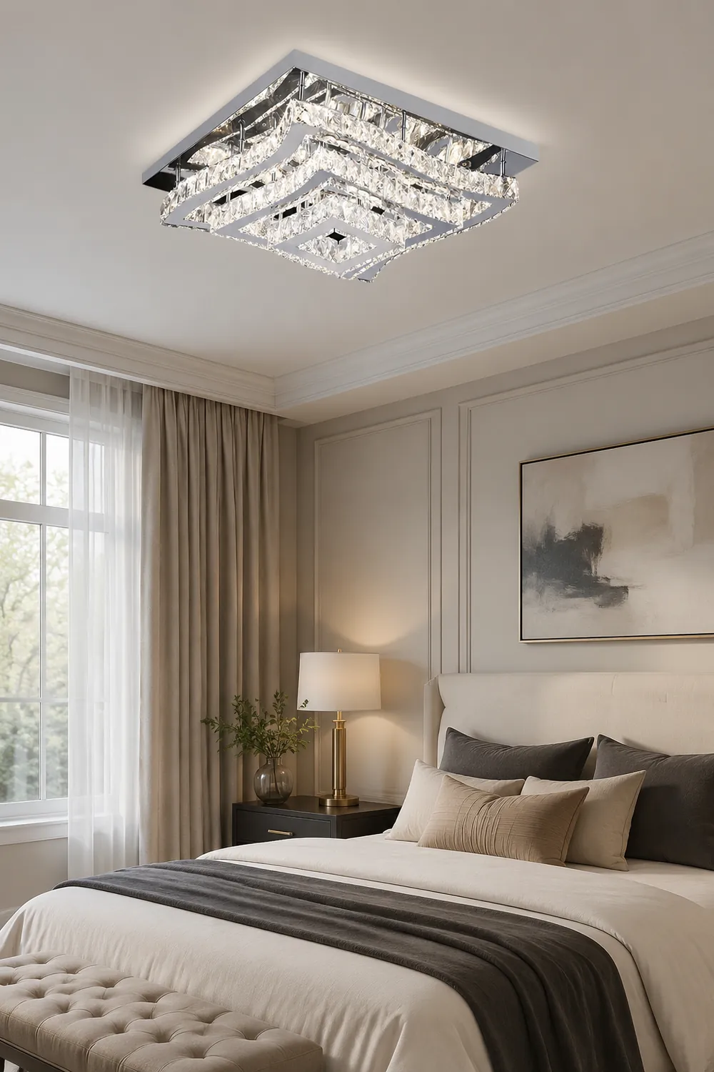 Kristy Luxury Square Metal/Glass Flush Mount Ceiling Light, Living Room - Lumpaz