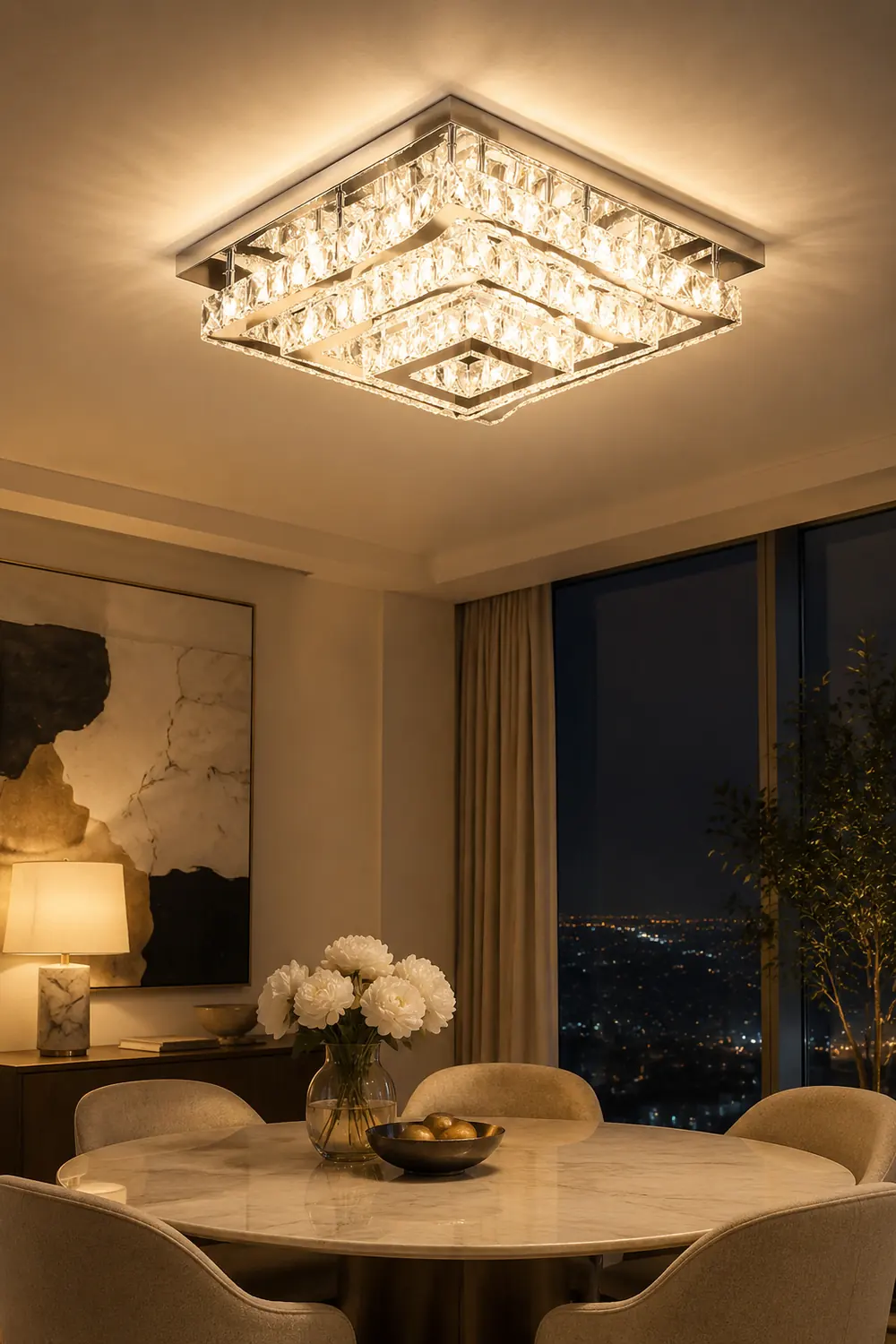 Kristy Luxury Square Metal/Glass Flush Mount Ceiling Light, Living Room - Lumpaz