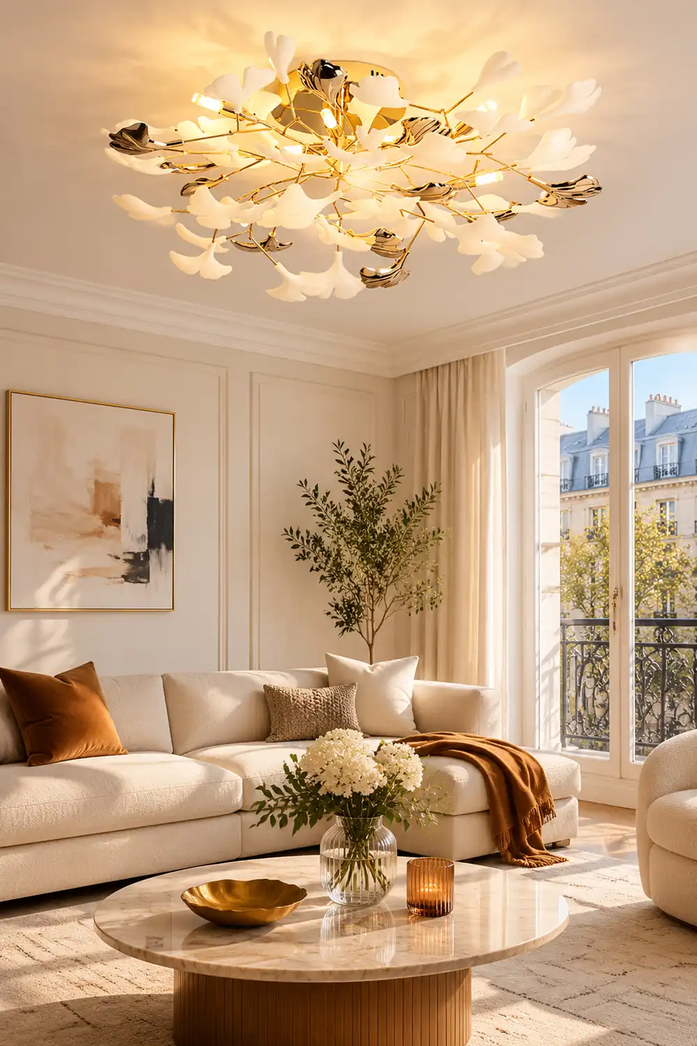 Ophelia Elegant Leaf Ceramic/Metal Flush Mount Ceiling Light, Gold - Lumpaz