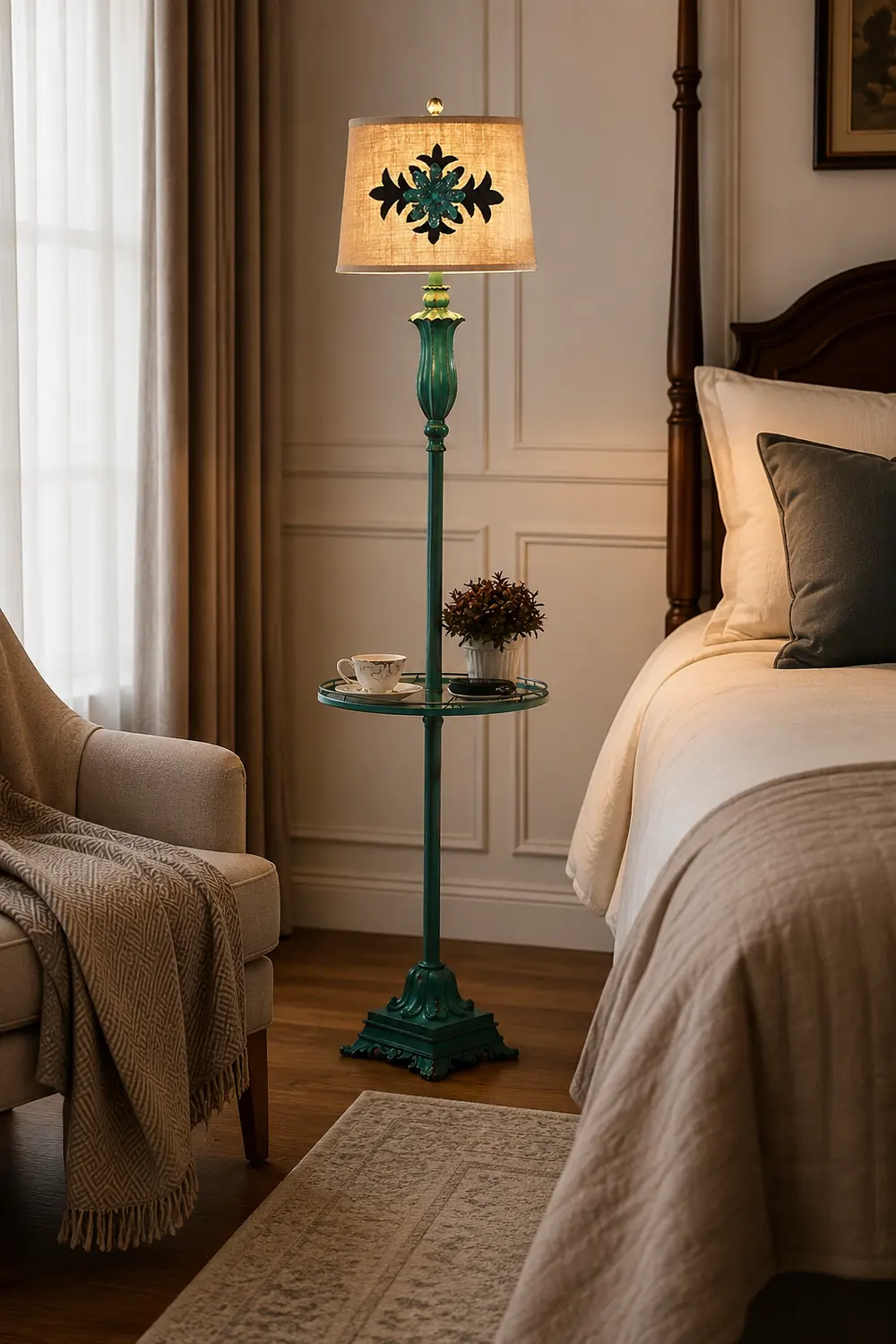Eryn Floor Lamp Table Vintage, Metal/Resin, Green, Living Room - Lumpaz