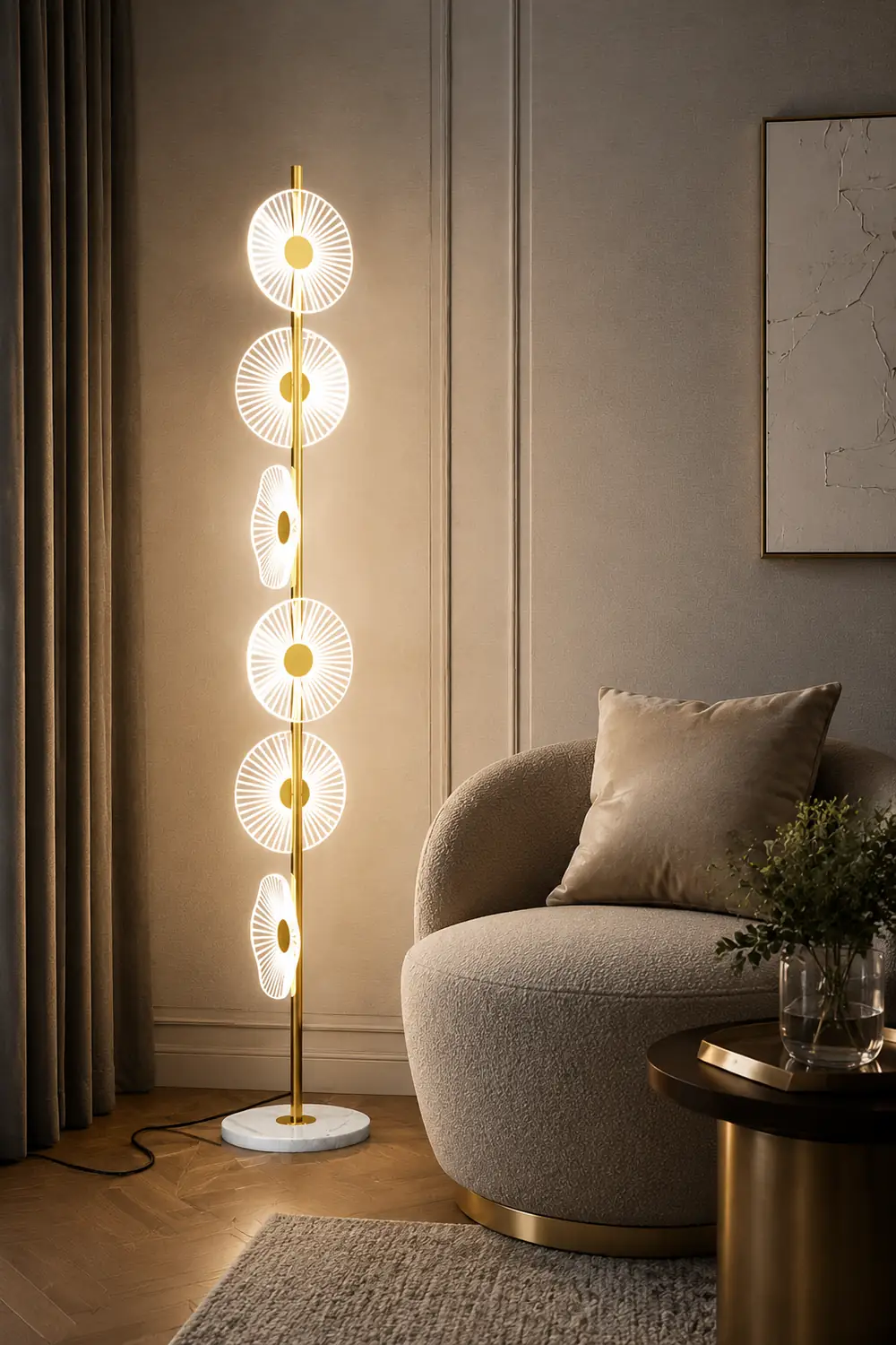 Carins Floor Lamp Creative Circle Modern, Acrylic, White/Gold, Bedroom - Lumpaz
