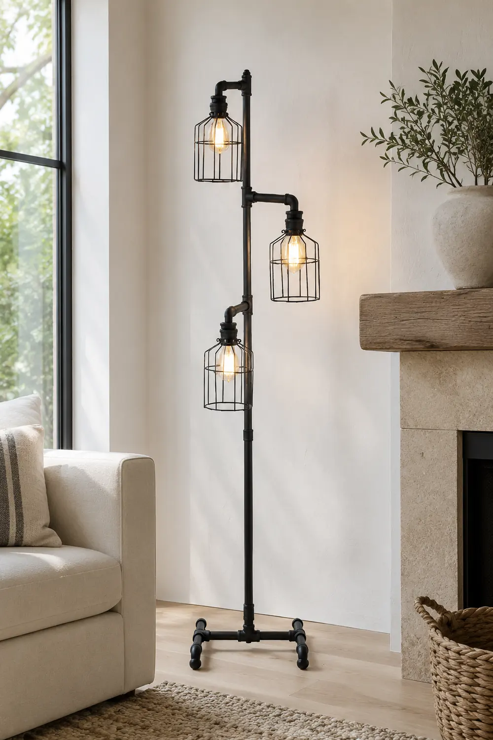 Alessio Retro Bird Cage Metal Floor Lamp, 3 Heads,Black - Lumpaz