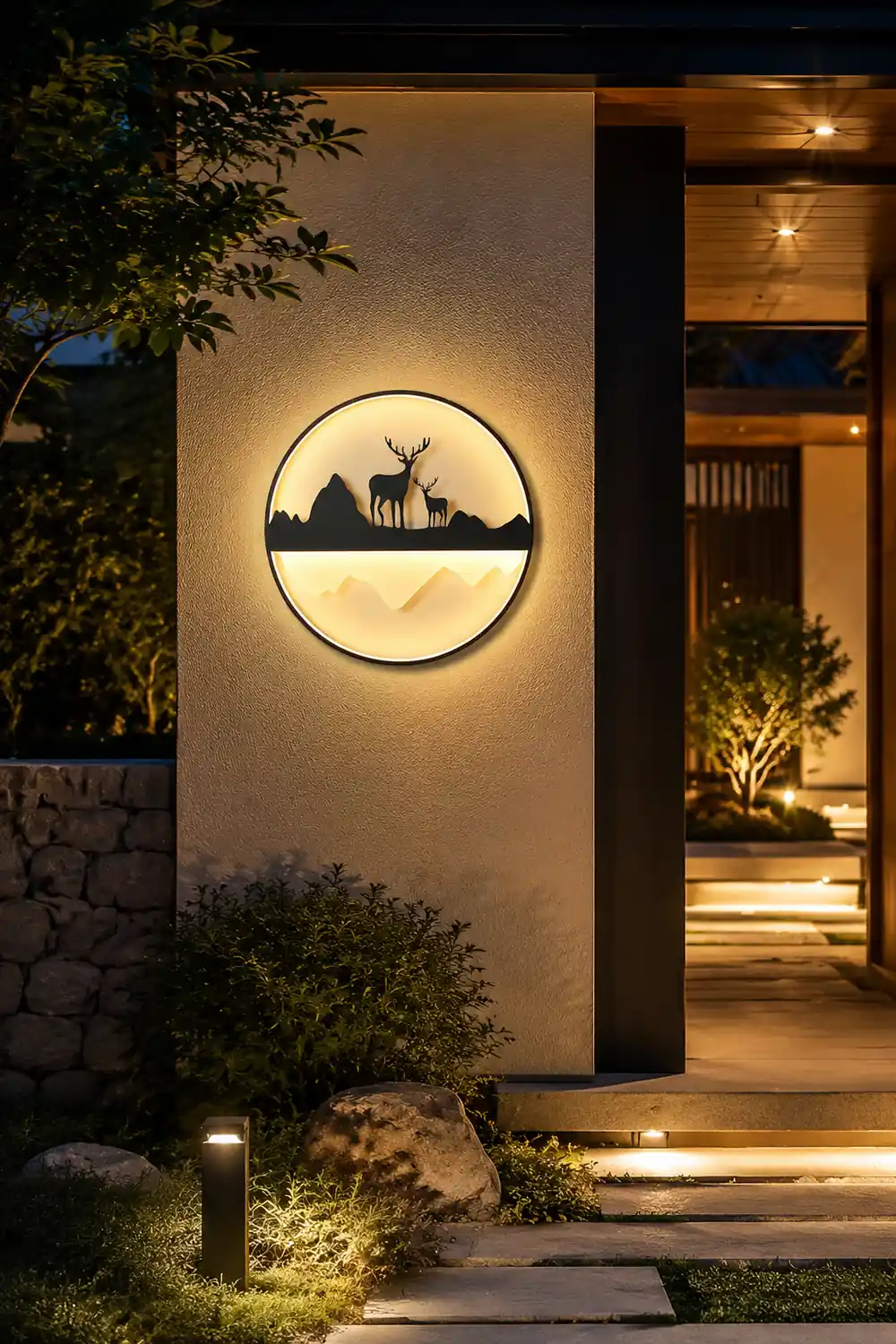 Round Mountain Scenery Silhouette Dimmable with Remote Outdoor Wall Lights - Lumpaz