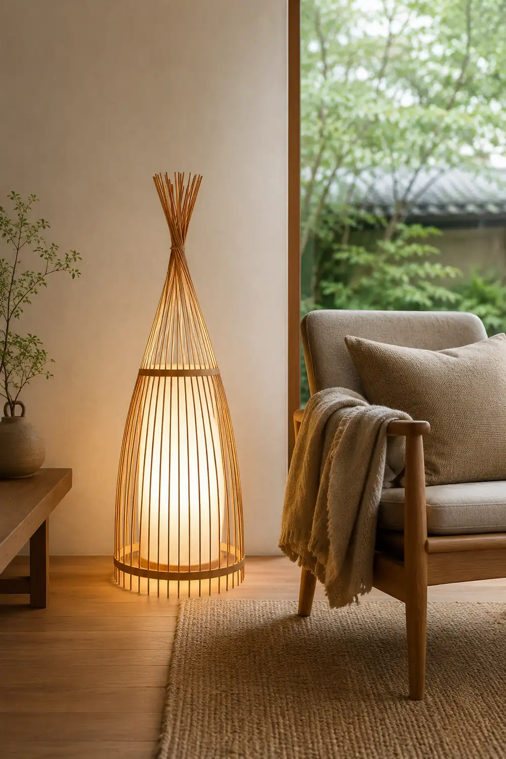 Ozawa Rustic Bottle Standing Floor Lamp, Rattan/Fabric, Bedroom - Lumpaz