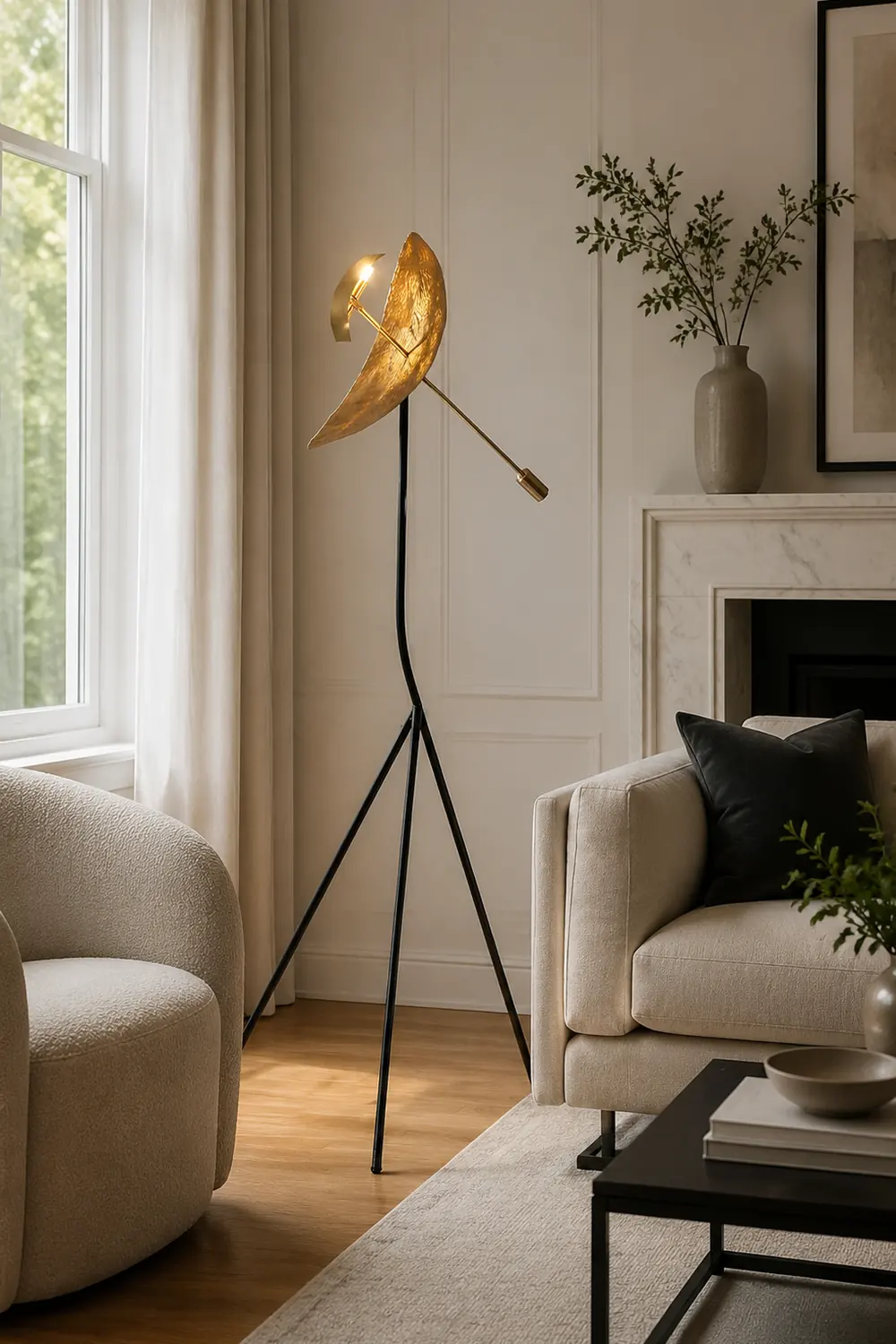 Salgado Floor Lamp Tripod Reflection Postmodern, Metal, Gold, Living Room - Lumpaz