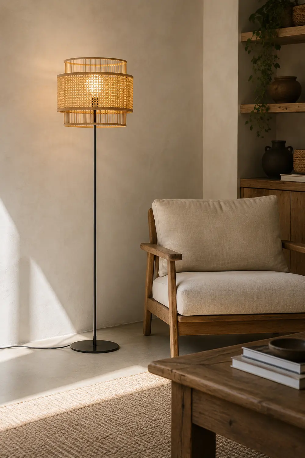Ritta Zen Rattan/Willow Weave Tri-Layer Floor Lamp, Wood - Lumpaz