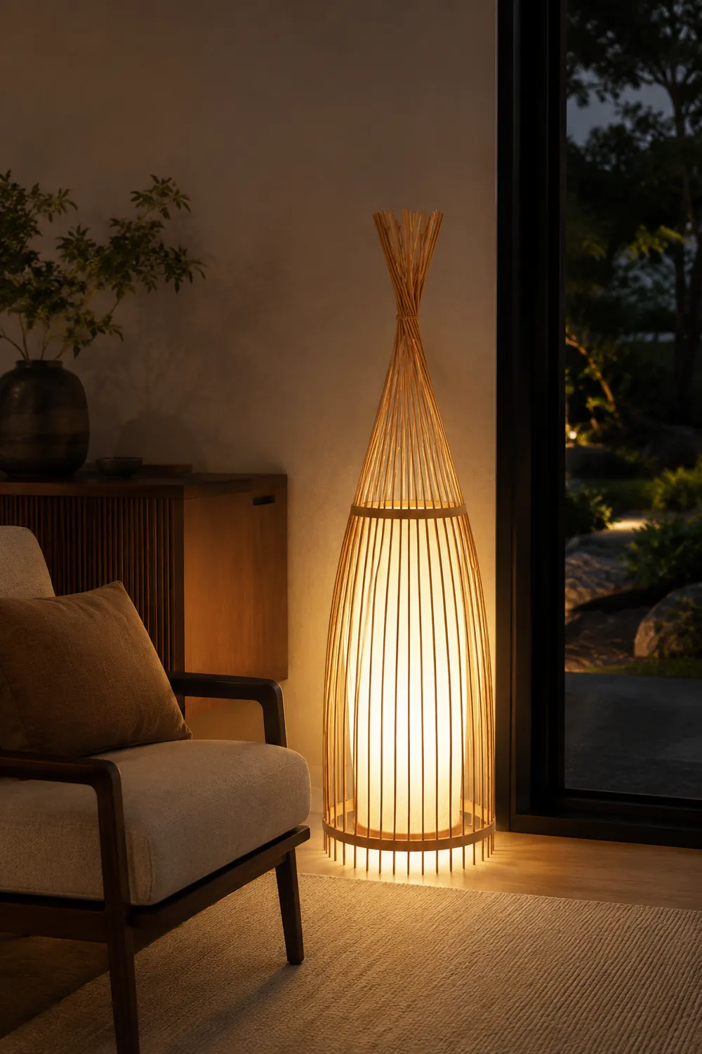 Ozawa Rustic Bottle Standing Floor Lamp, Rattan/Fabric, Bedroom - Lumpaz