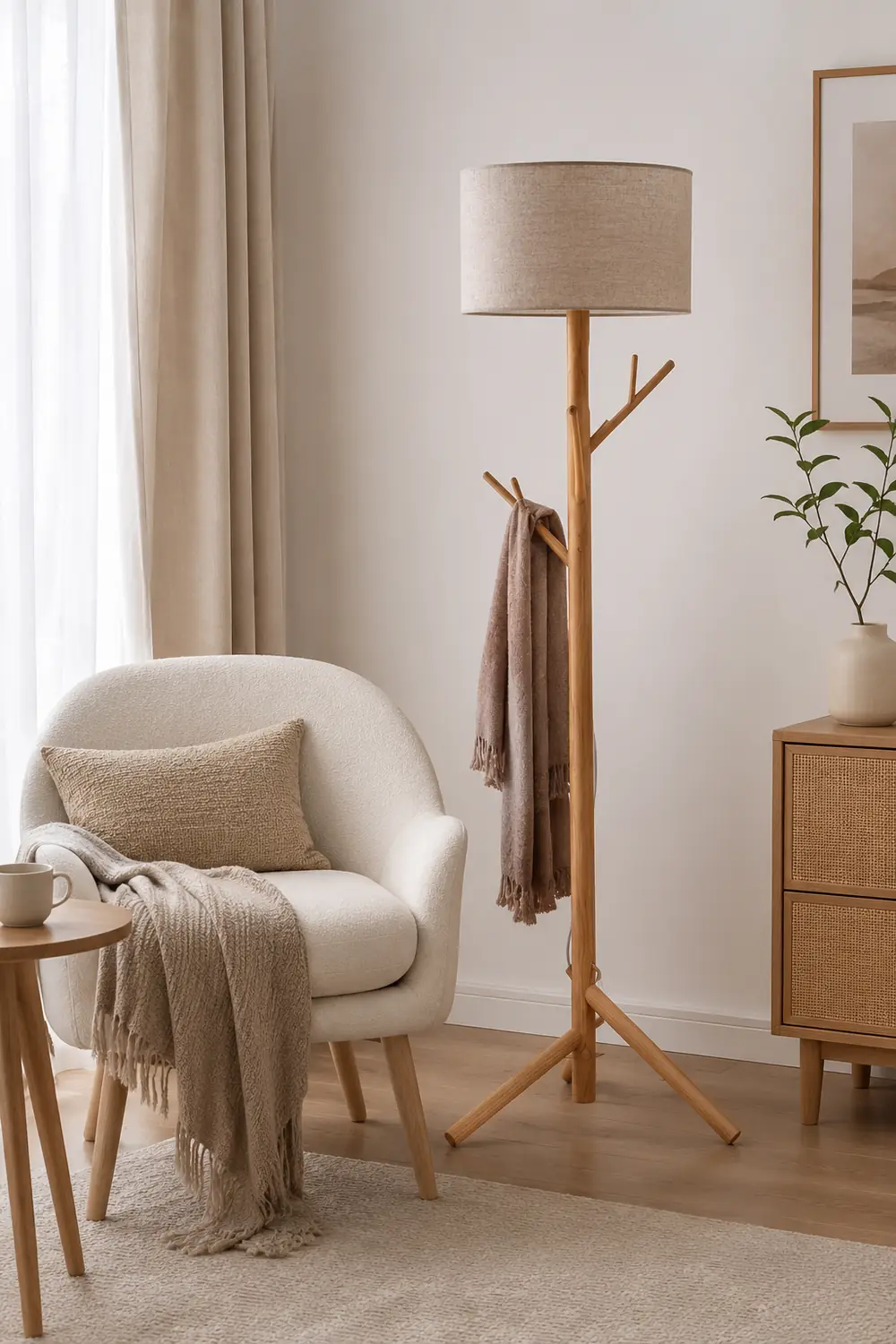 Muto Floor Lamp Japanese Tree, Beige, Fabric/Wooden - Lumpaz
