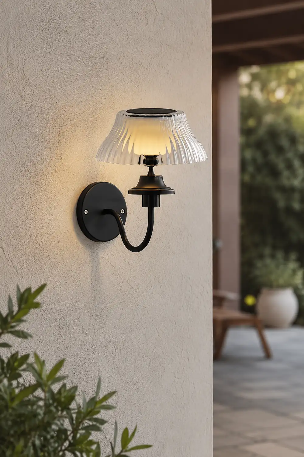 Black Metallic Arm Solar Outdoor Wall Light - Adjustable Glass Shade - Lumpaz
