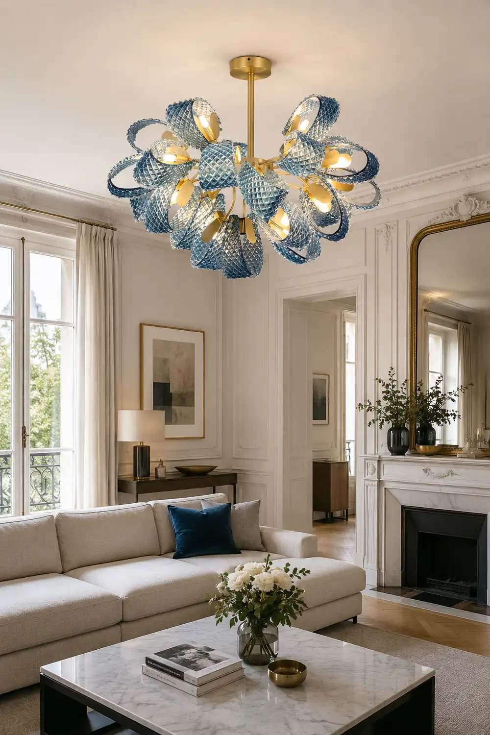 Hailie Vintage Art Deco Blue Glass Chandelier Living Room - Lumpaz