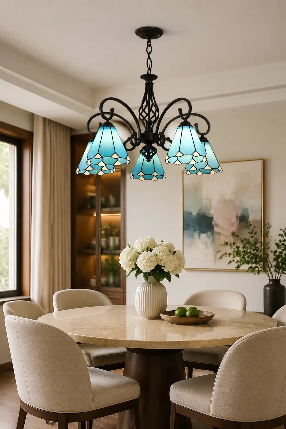 Silva Tiffany Mediterranean Branch Metal Chandelier, White/Blue/Navy Blue - Lumpaz