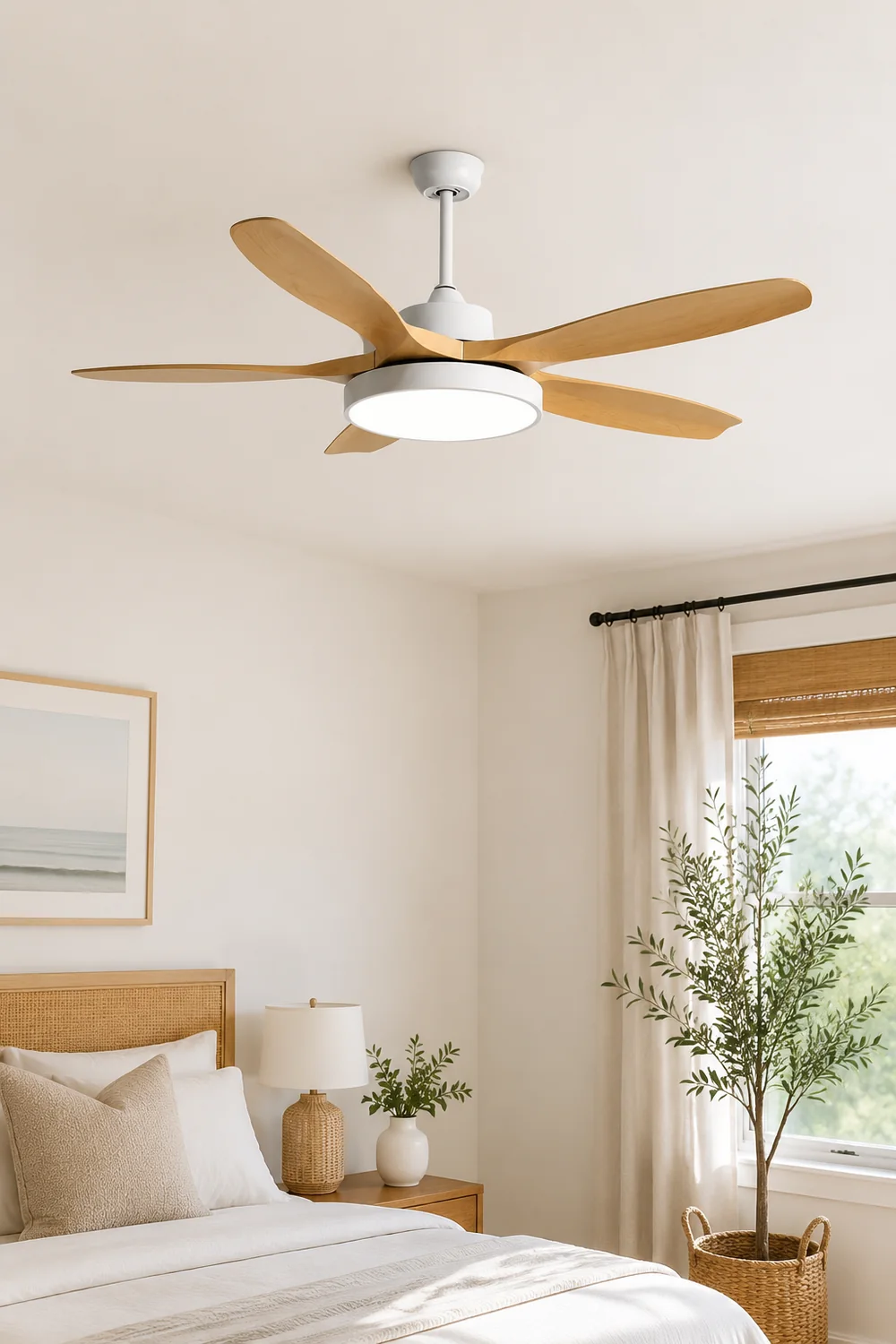 Ozawa Basic White & Black Modern 5-Blade DC Ceiling Fan with Light, Wood, 51'' - Lumpaz