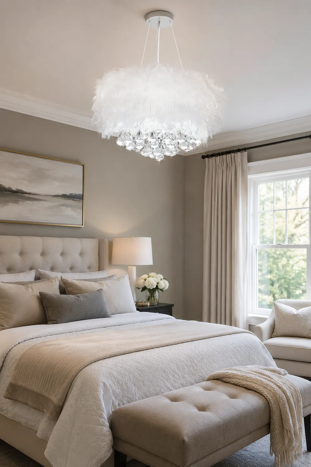 O'Moore Modern Luxury Round Chandelier, Feather/Crystal, White - Lumpaz