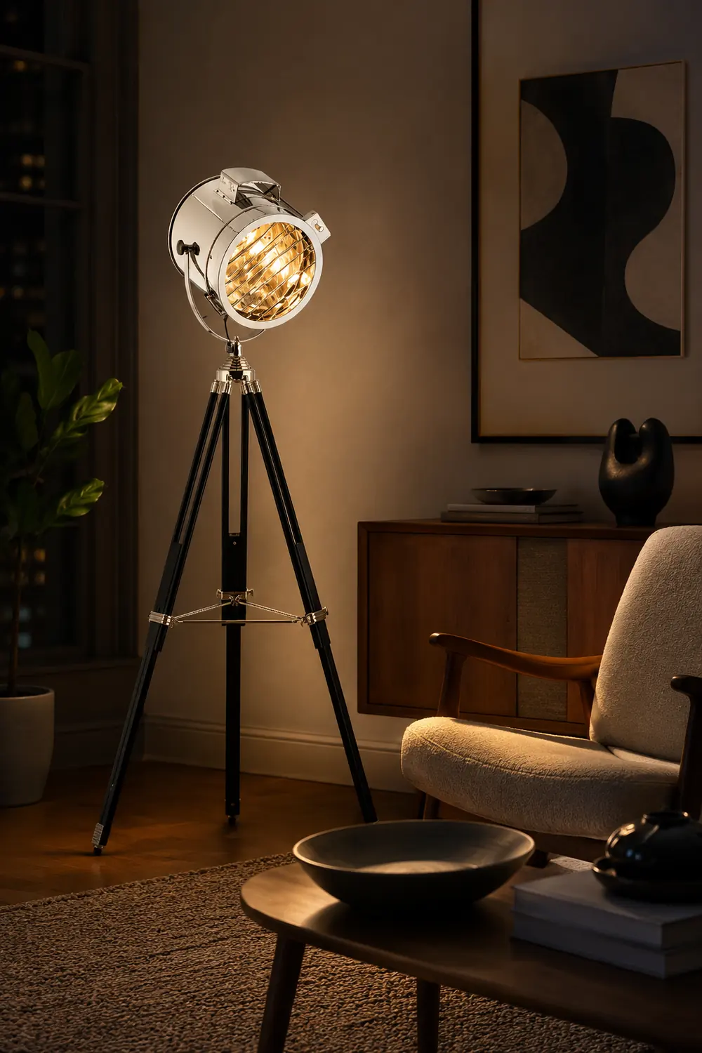 Salgado Retro Tripod Metal Floor Lamp, Silver, Bedroom/Study - Lumpaz