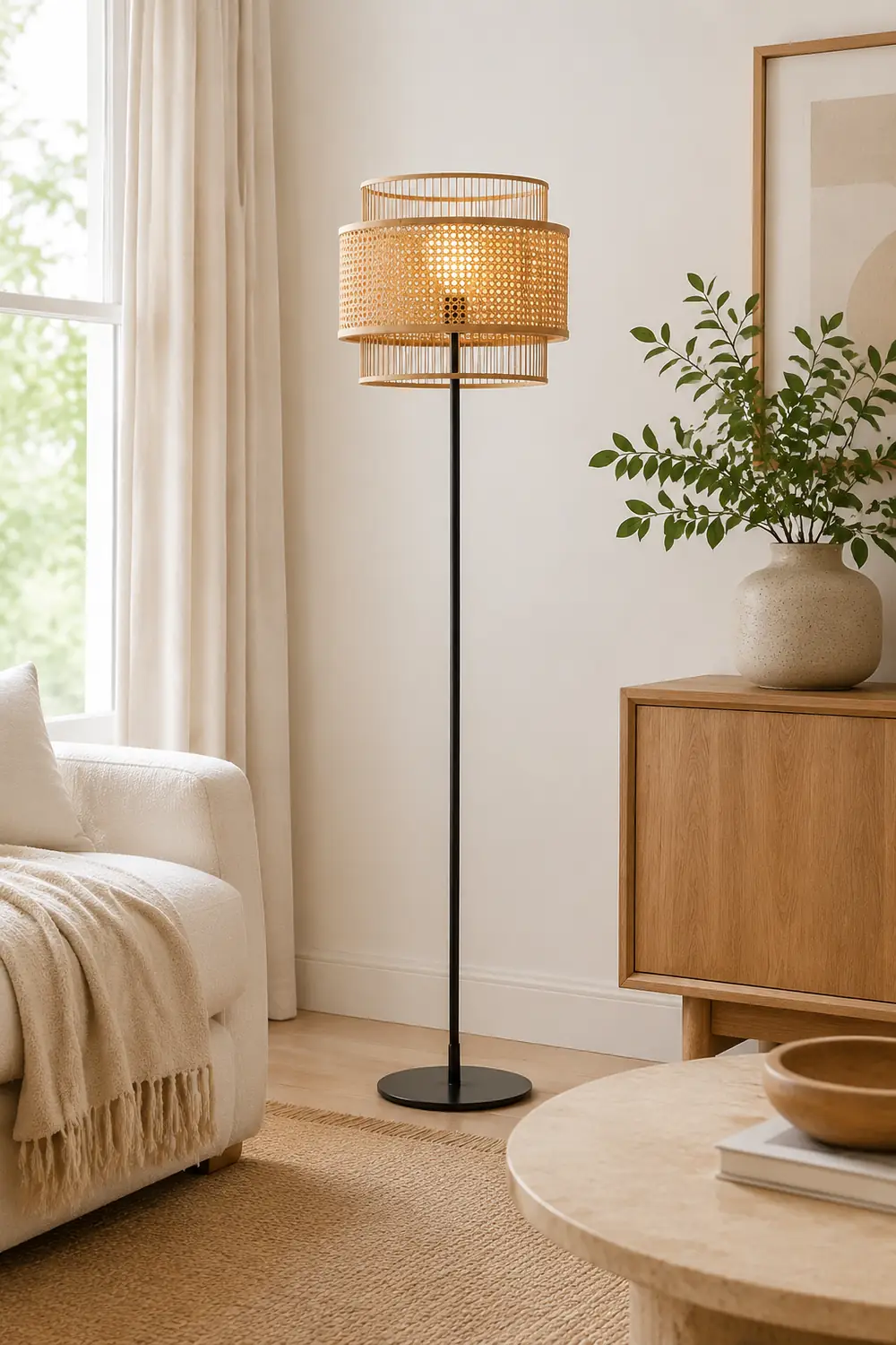 Ritta Zen Rattan/Willow Weave Tri-Layer Floor Lamp, Wood - Lumpaz