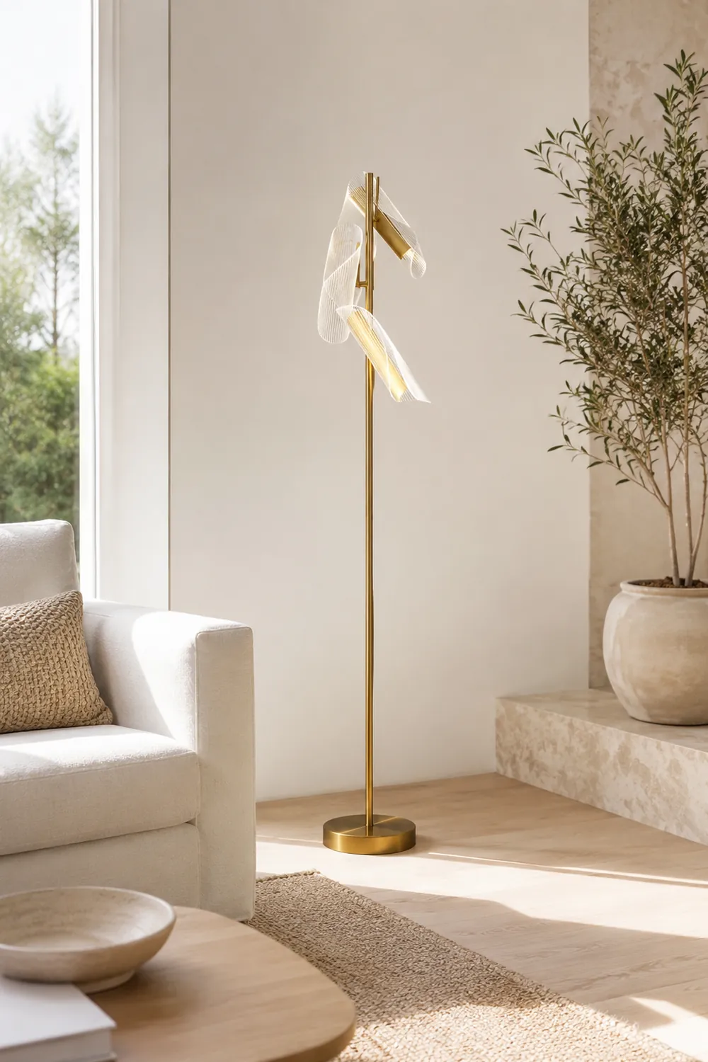Salgado Floor Lamp Waves/3 Heads Modern, Acrylic, Gold/White, Living Room - Lumpaz
