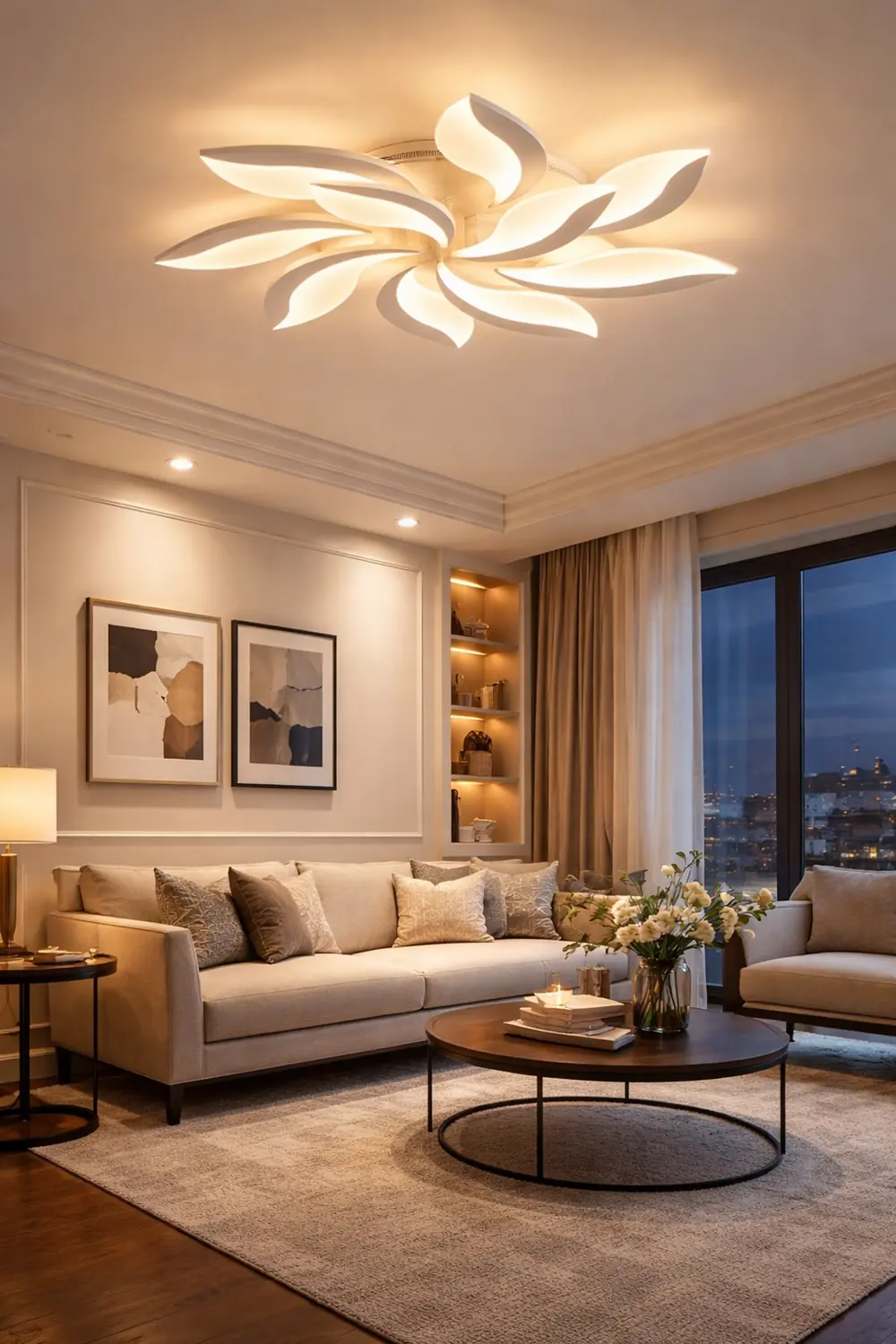 Hana Minimalist Art Deco Flower Flush Mount Ceiling Light, White, Living Room - Lumpaz