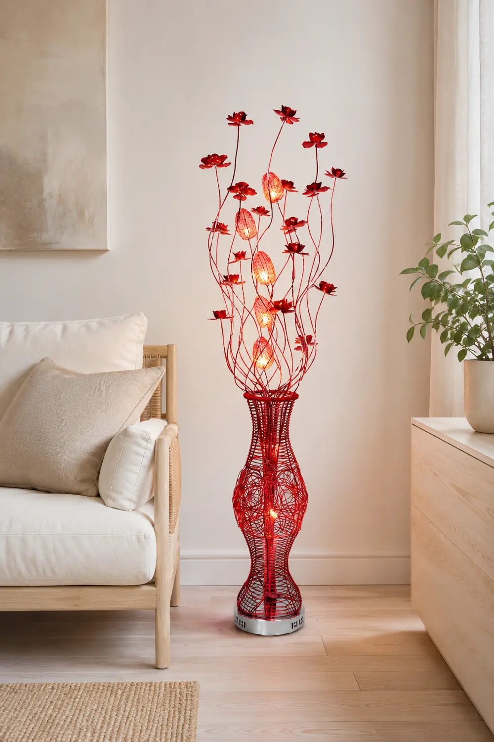 Bella Art Deco Flower Vase Metal Red Floor Lamp, Living Room - Lumpaz
