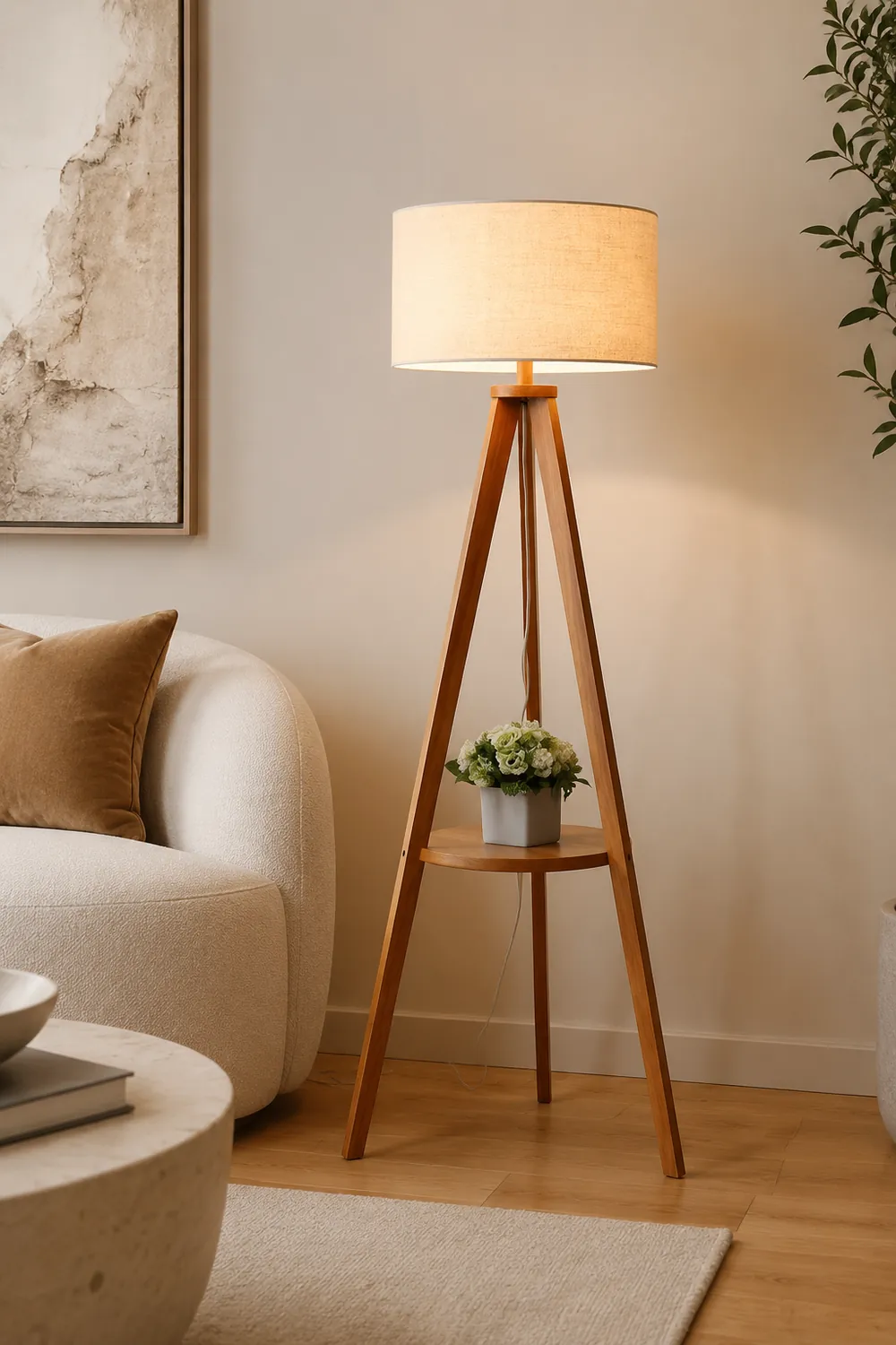 Ozawa Floor Lamp Triangle Vintage, Wooden/Fabric, Beige, Living Room - Lumpaz