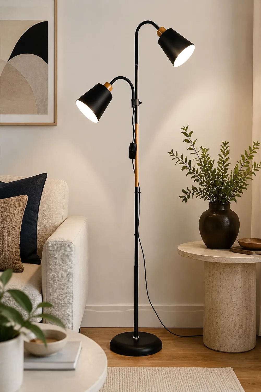 Eryn Floor Lamp Double Head Modern, Metal,Black/White, Bedroom - Lumpaz
