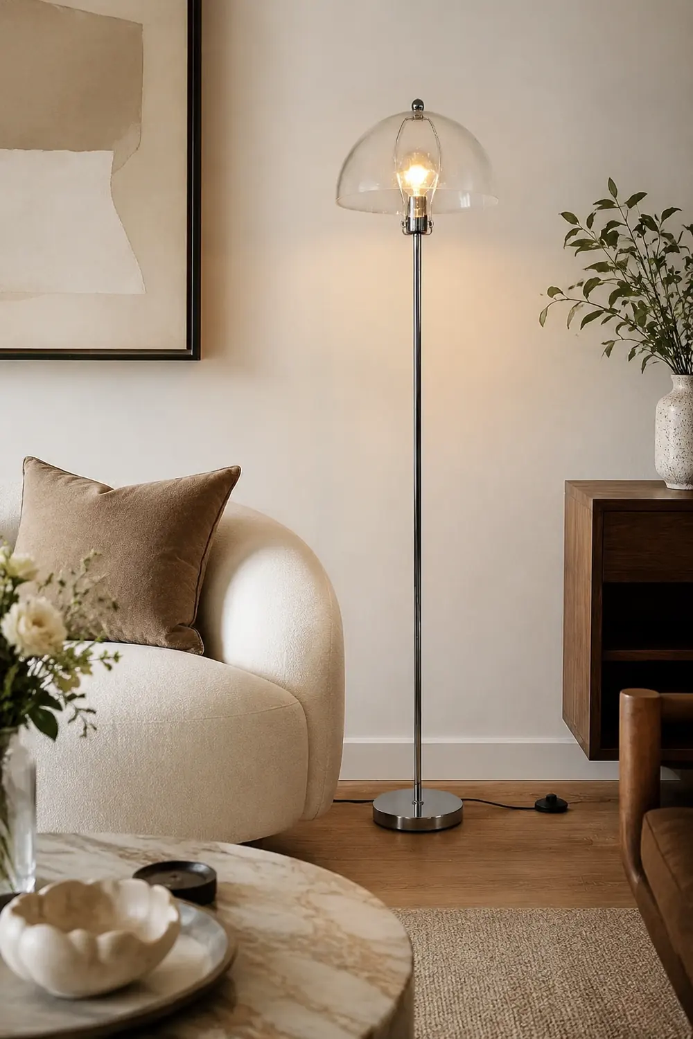 Levy Floor Lamp Round Tree Retro, Glass LED, Transparent, Living Room - Lumpaz