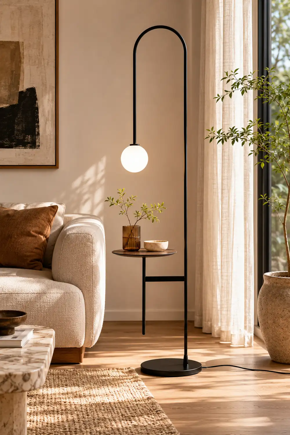 Valentina Minimalist Metal/Marble/Glass Floor Lamp With Table - Lumpaz