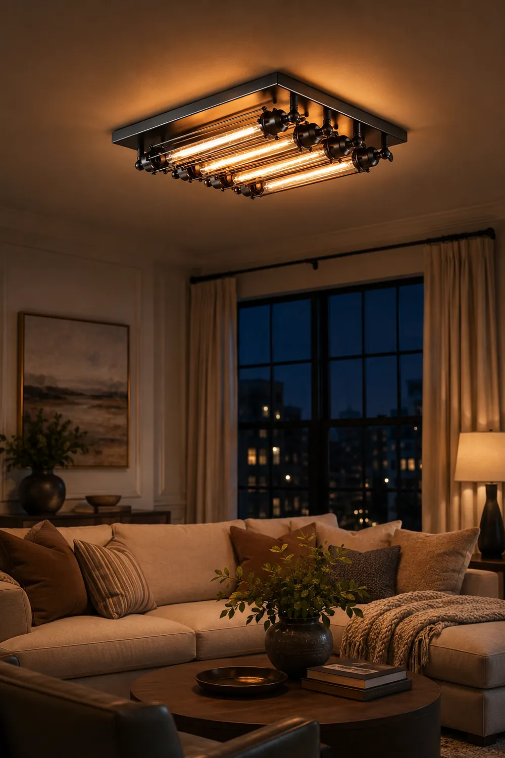 Alessio Vintage Tubed Metal Flush Mount Ceiling Light Black Living Room - Lumpaz