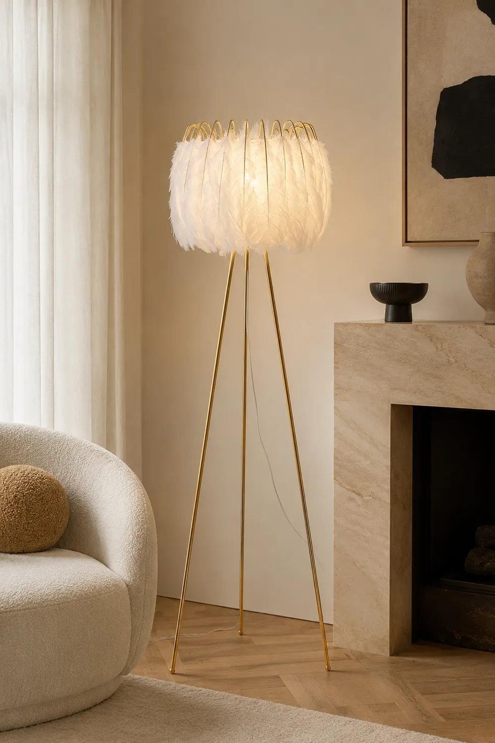 O'Moore Artistic Tripod Feather Floor Lamp, White - Lumpaz