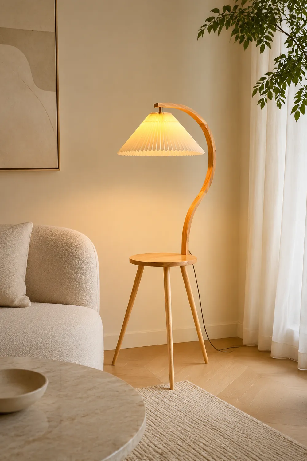 Ozawa Modern Pleated Wood Fabric Bedside Table Floor Lamp - Lumpaz