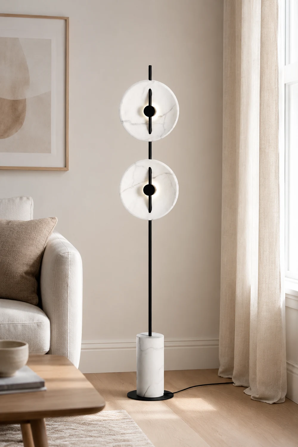 Salgado Modern Nordic Round Marble/Metal  Floor Lamp, White - Lumpaz