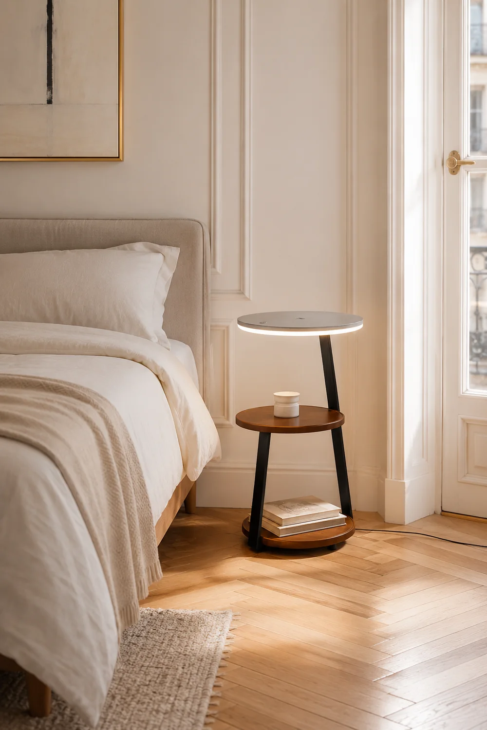 Ozawa Natural Round Wood Floor Lamp With Table Bedroom - Lumpaz