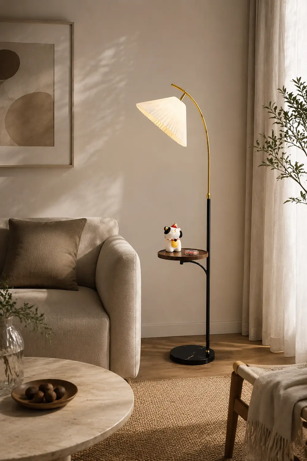 Ozawa Modern Pleated Metal Fabric Floor Lamp / Bedside Table, 3 Color - Lumpaz
