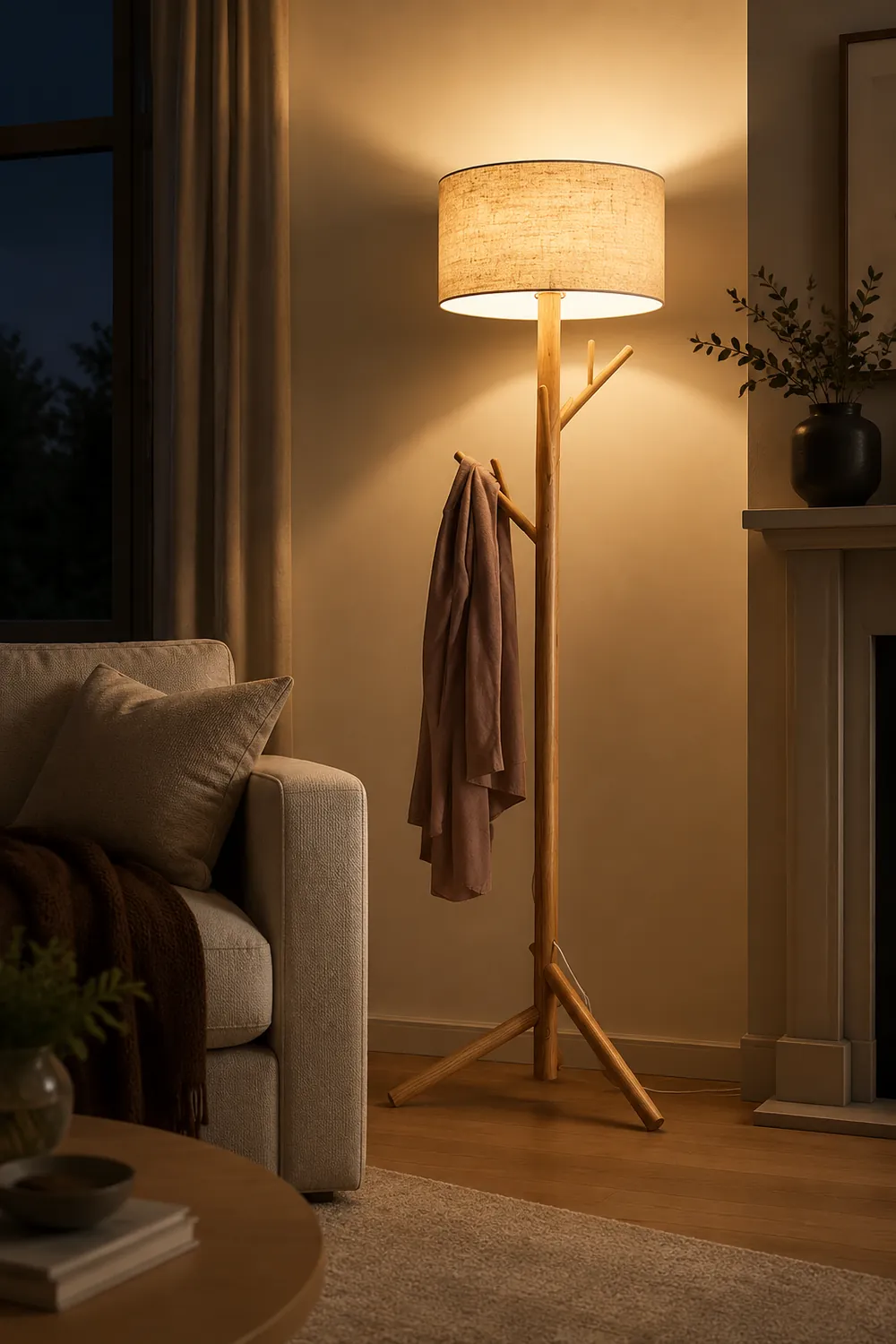 Muto Floor Lamp Japanese Tree, Beige, Fabric/Wooden - Lumpaz