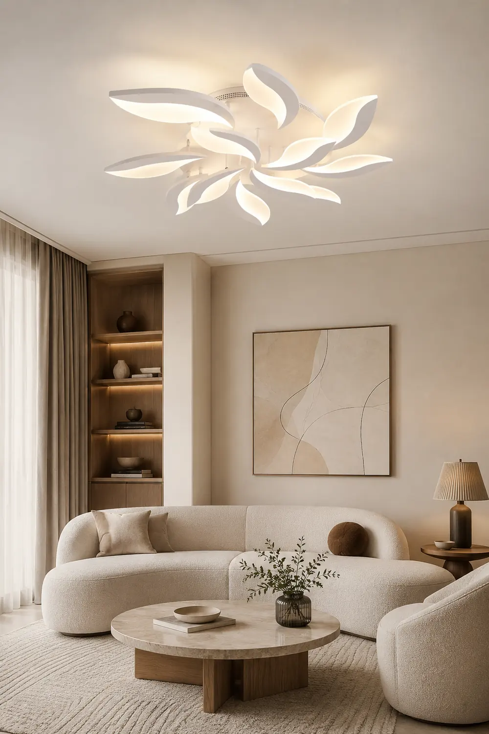 Hana Minimalist Art Deco Flower Flush Mount Ceiling Light, White, Living Room - Lumpaz