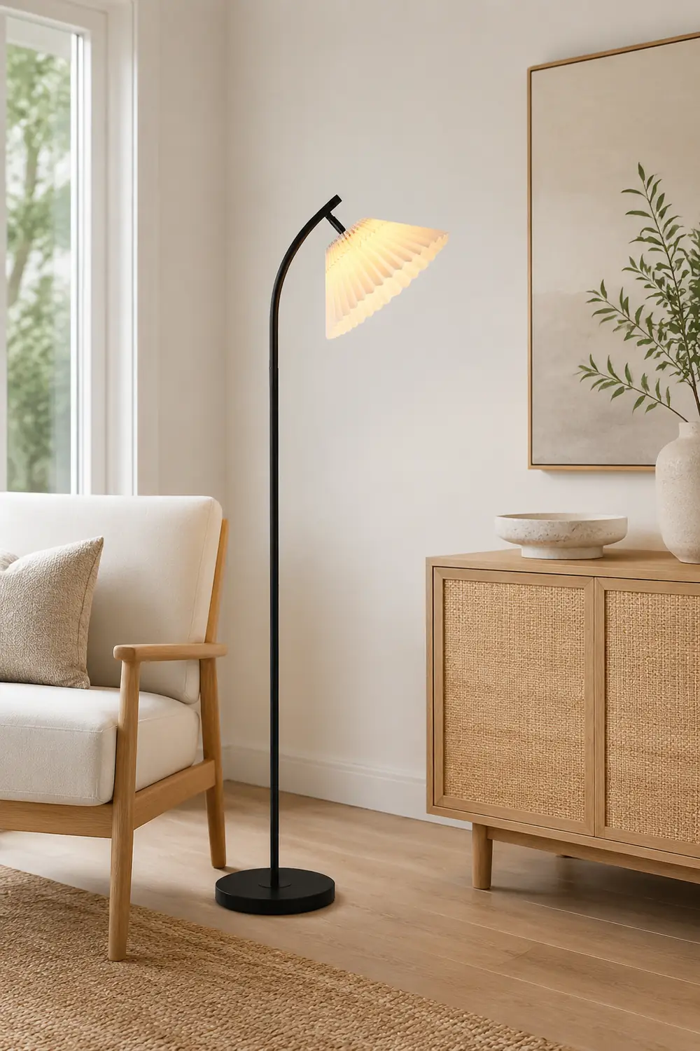 Ozawa Modern Arc Pleated Metal Fabric Floor Lamp, 3 Color - Lumpaz
