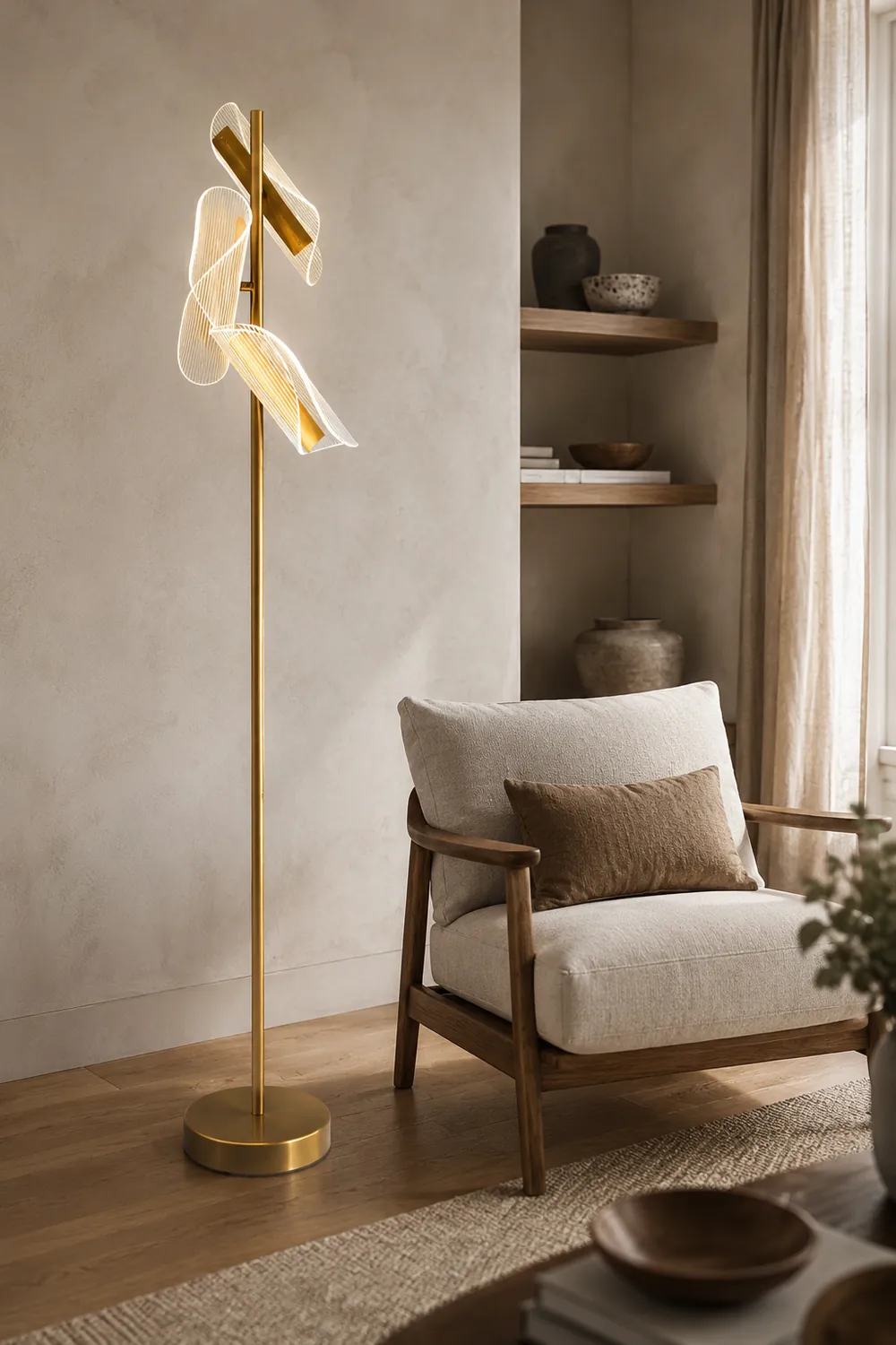 Salgado Floor Lamp Waves/3 Heads Modern, Acrylic, Gold/White, Living Room - Lumpaz