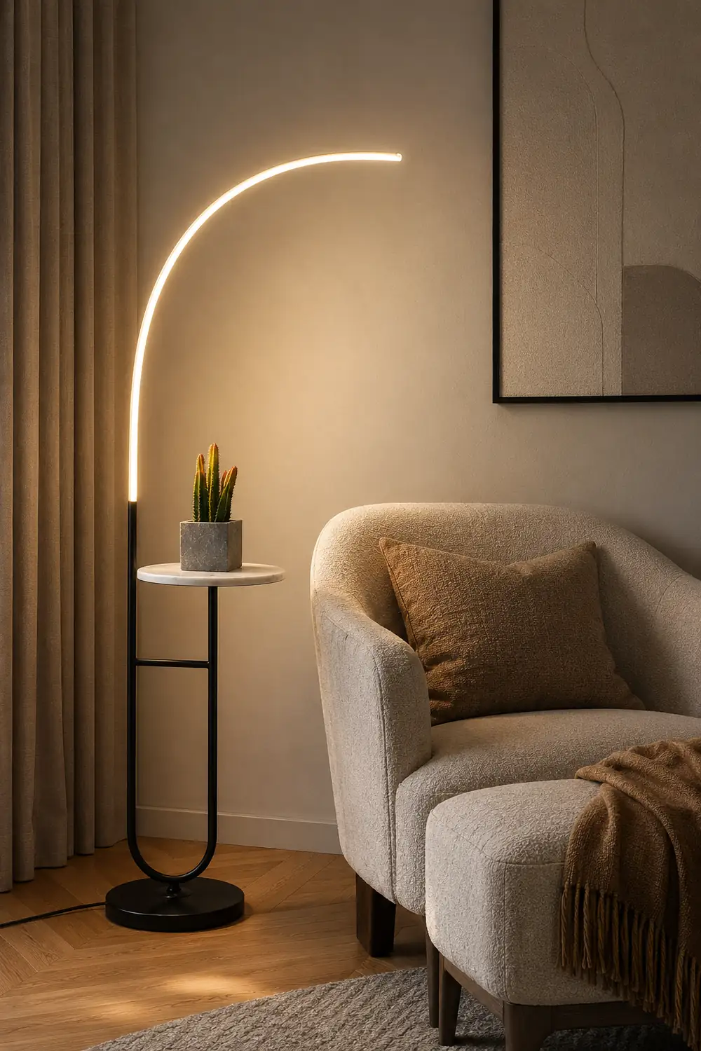 Edge Floor Lamp Bedside Table Modern, Marble/Acrylic, Black, Bedroom - Lumpaz
