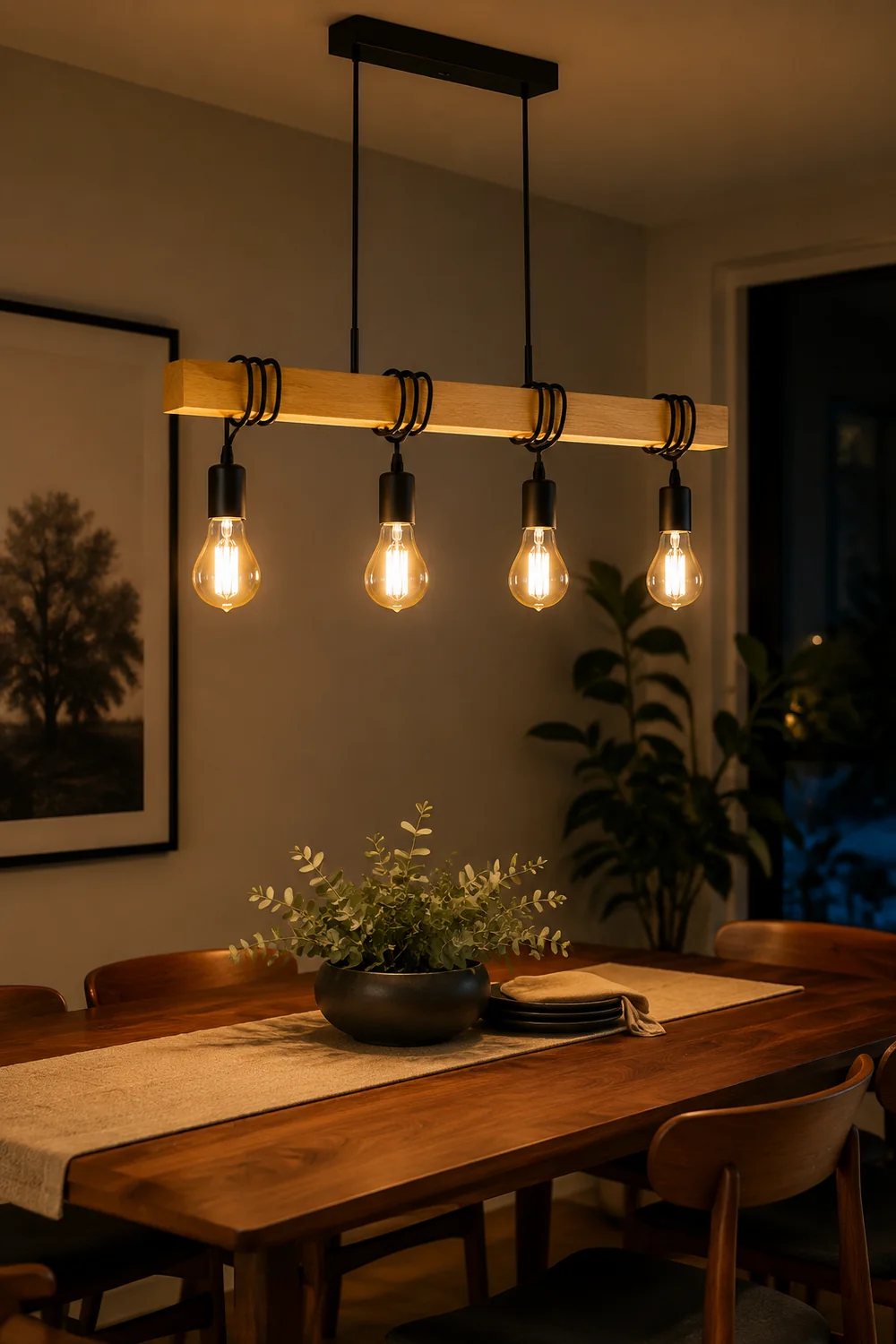 Alessio Rustic Linear Wood Pendant Light, Black, 4 Heads - Lumpaz