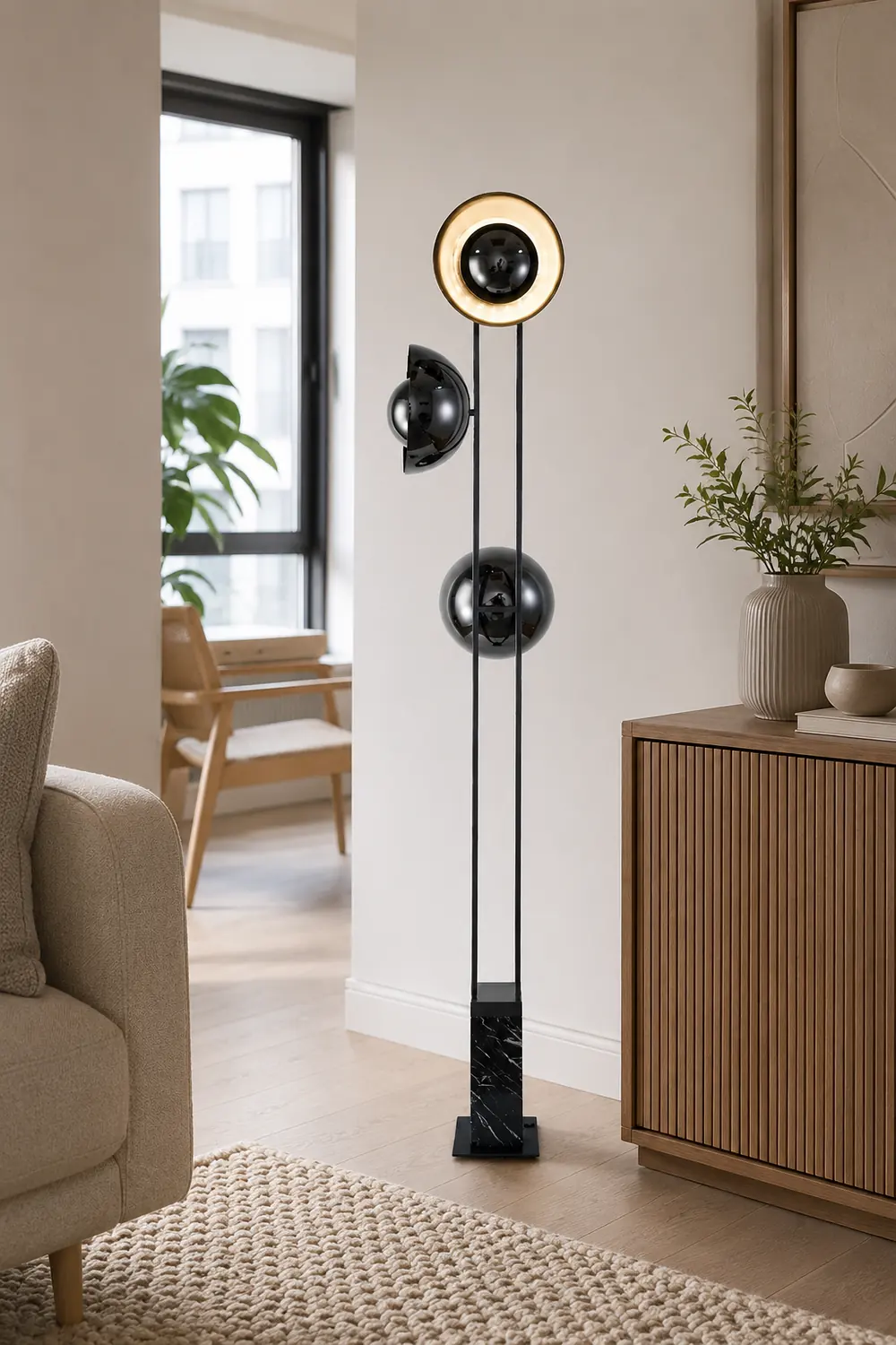 Salgado Modern Minimalist Tri-head Floor Lamp, Metal & Marble - Lumpaz