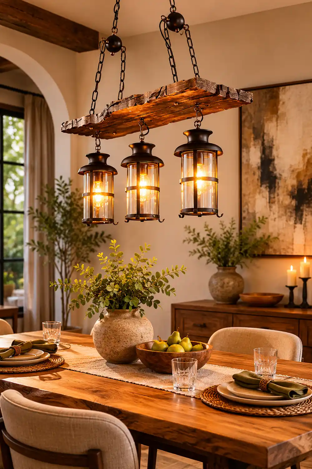 Austin Retro 3 Lantern Linear Wood/Metal, Chandelier - Lumpaz