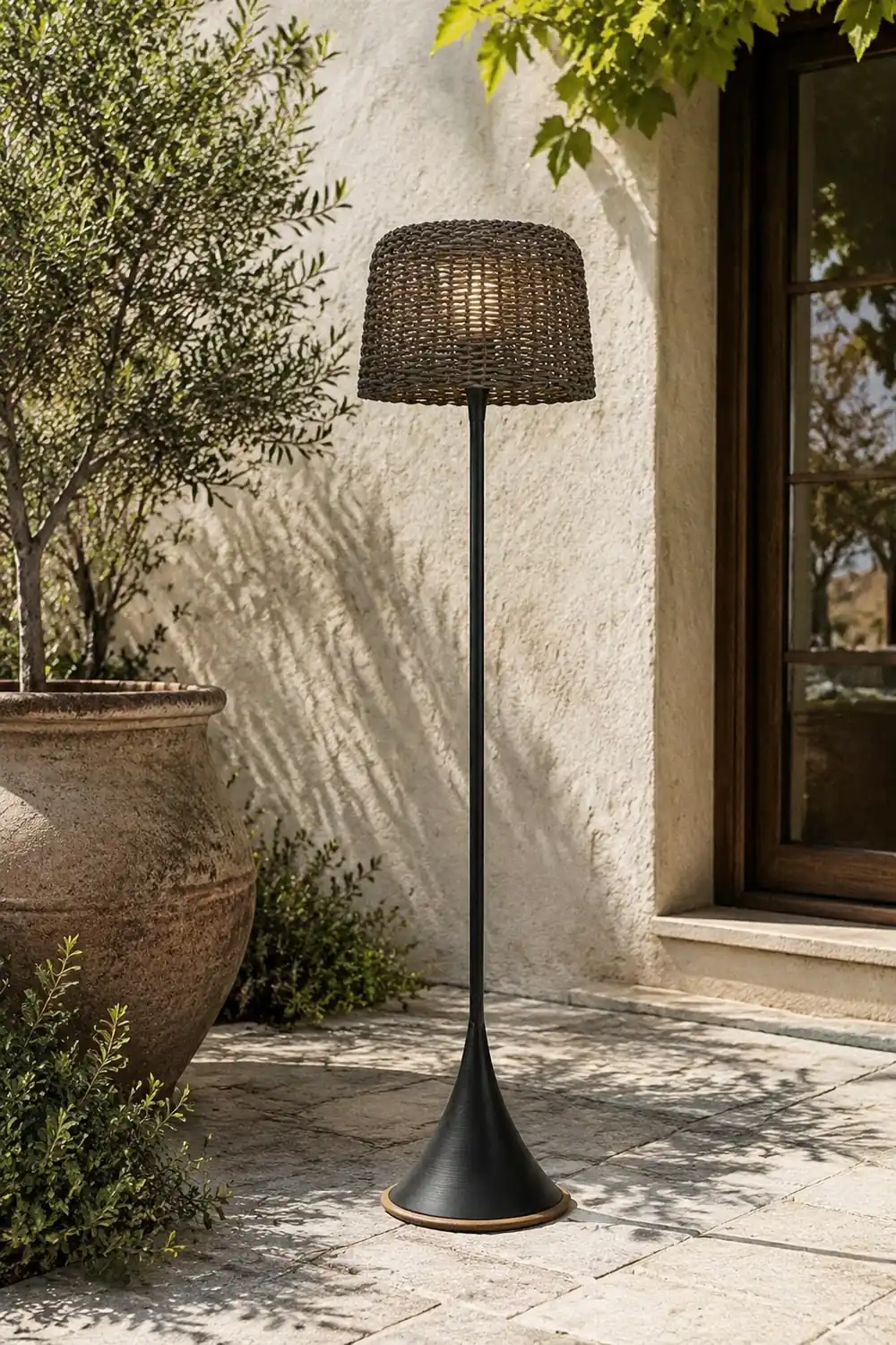 Ritta Waterproof Outdoor Floor Lamp, Rattan Black/White Balcony/Terrace - Lumpaz