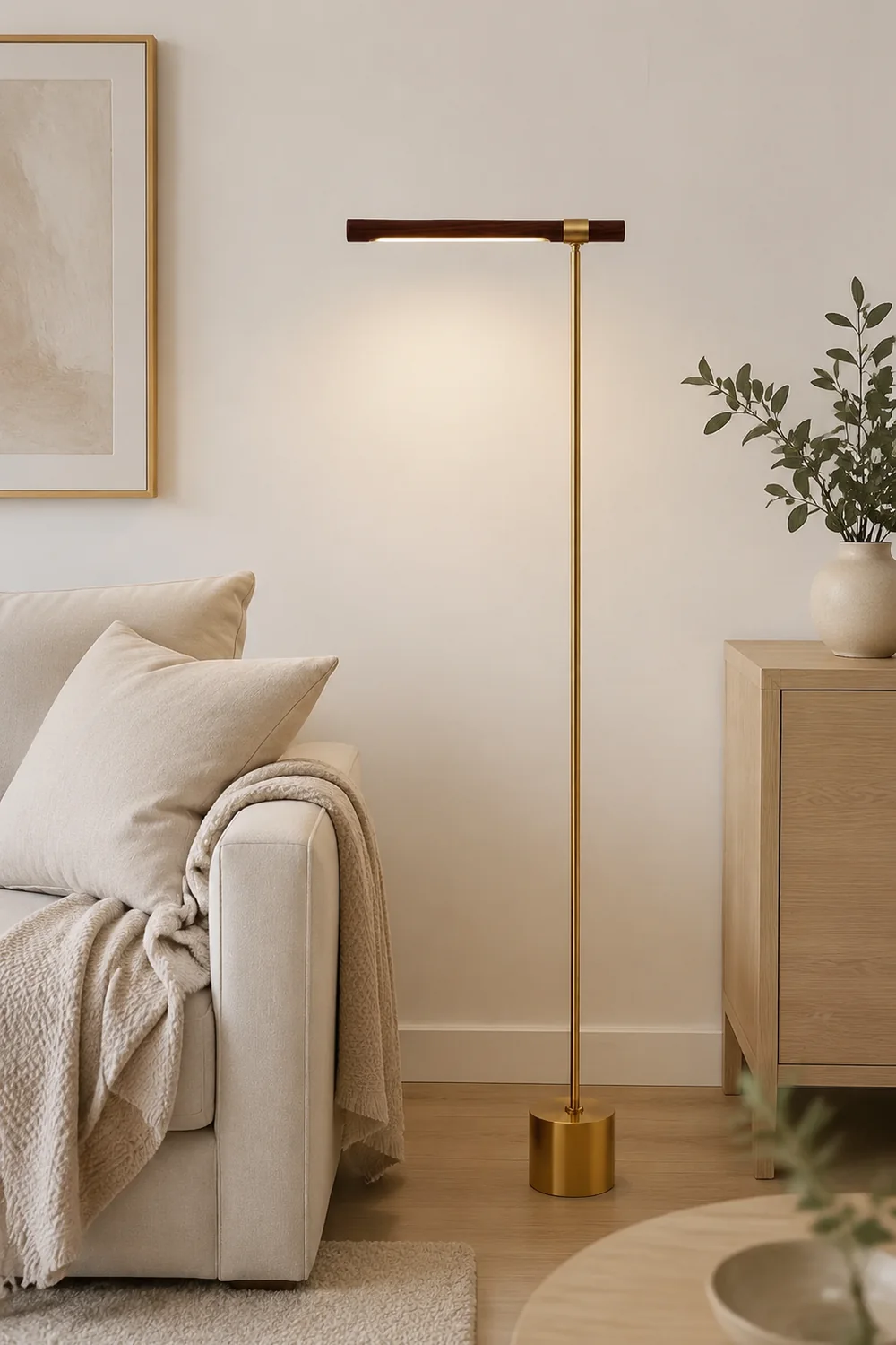 Edge Floor Lamp Linear Minimalist, Metal/Wood, Gold, Living Room - Lumpaz