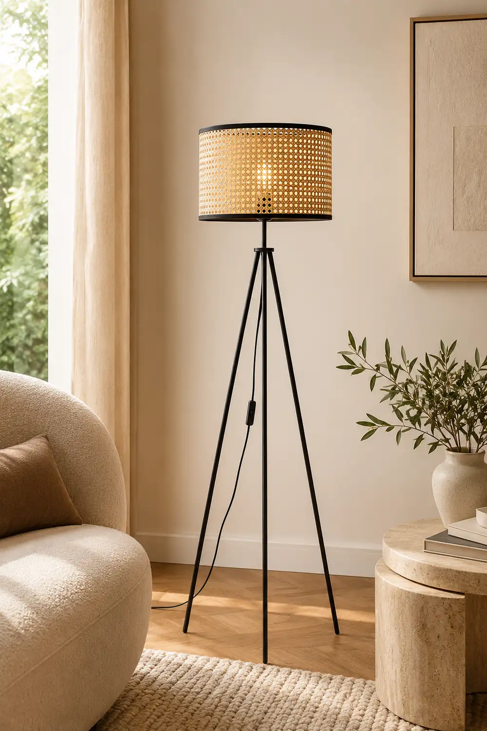 Ritta Natural Tripod Floor Lamp, Rattan/Willow Weave - Lumpaz