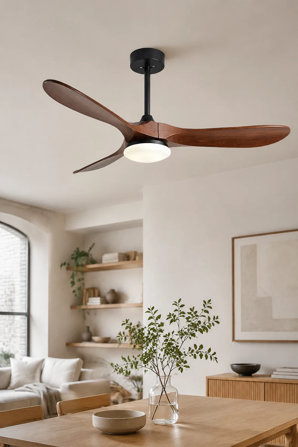 Haydn 3-Blade Industrial DC Ceiling Fan with Light, Black & Wood, 52'' - Lumpaz