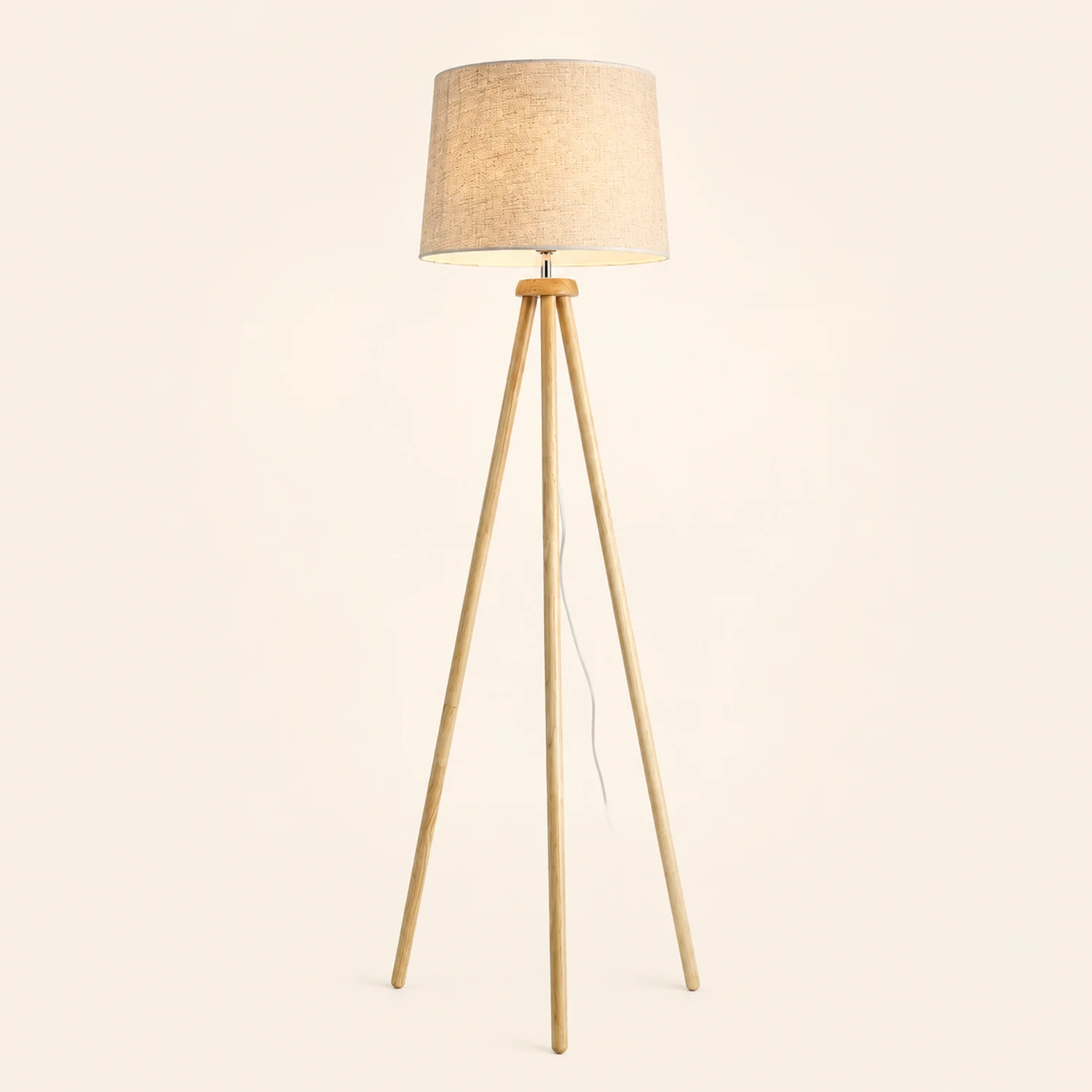 Muto Modern Cylinder Wood Fabric Floor Lamp, White/Beige - Lumpaz