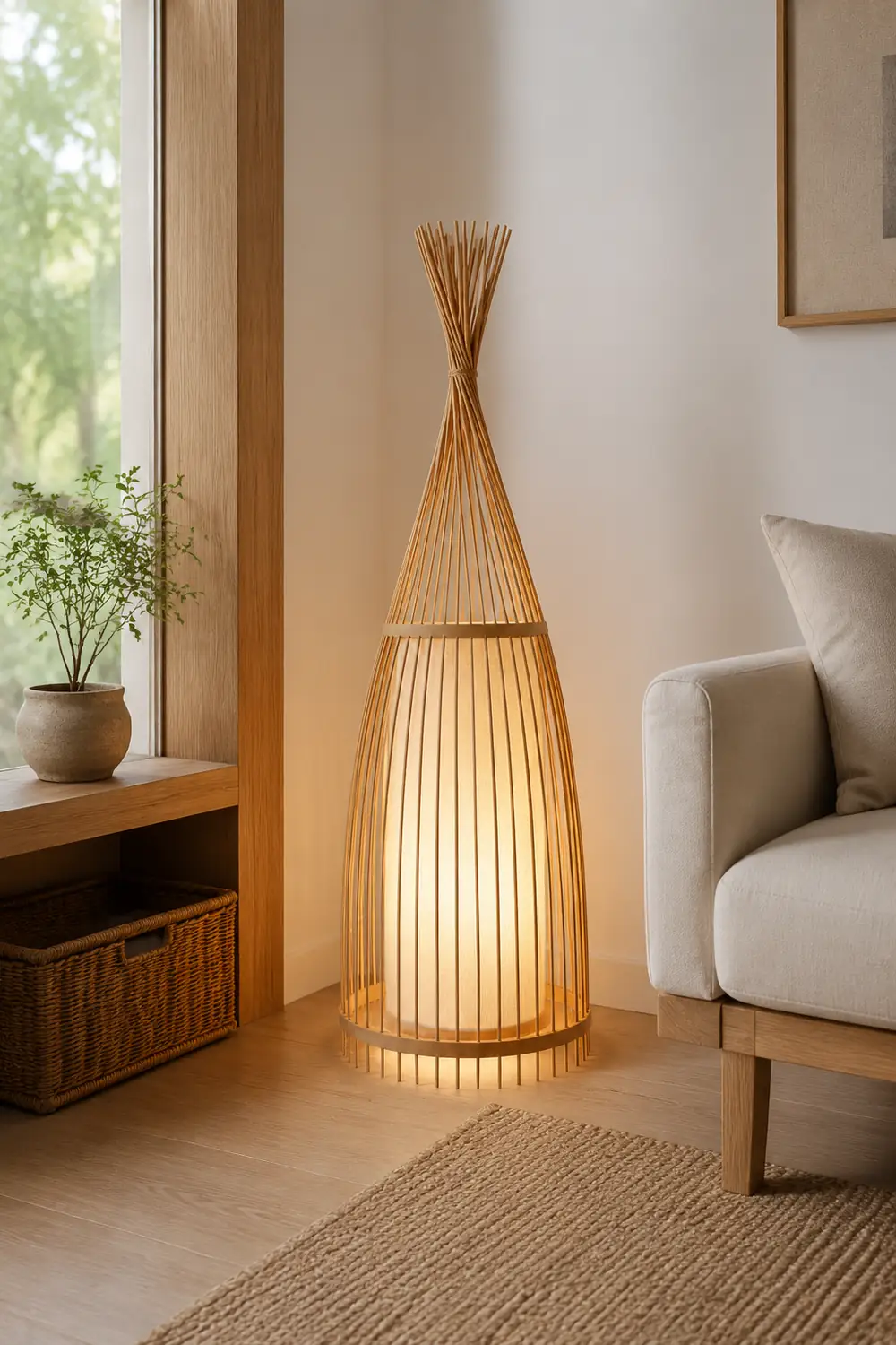 Ozawa Rustic Bottle Standing Floor Lamp, Rattan/Fabric, Bedroom - Lumpaz