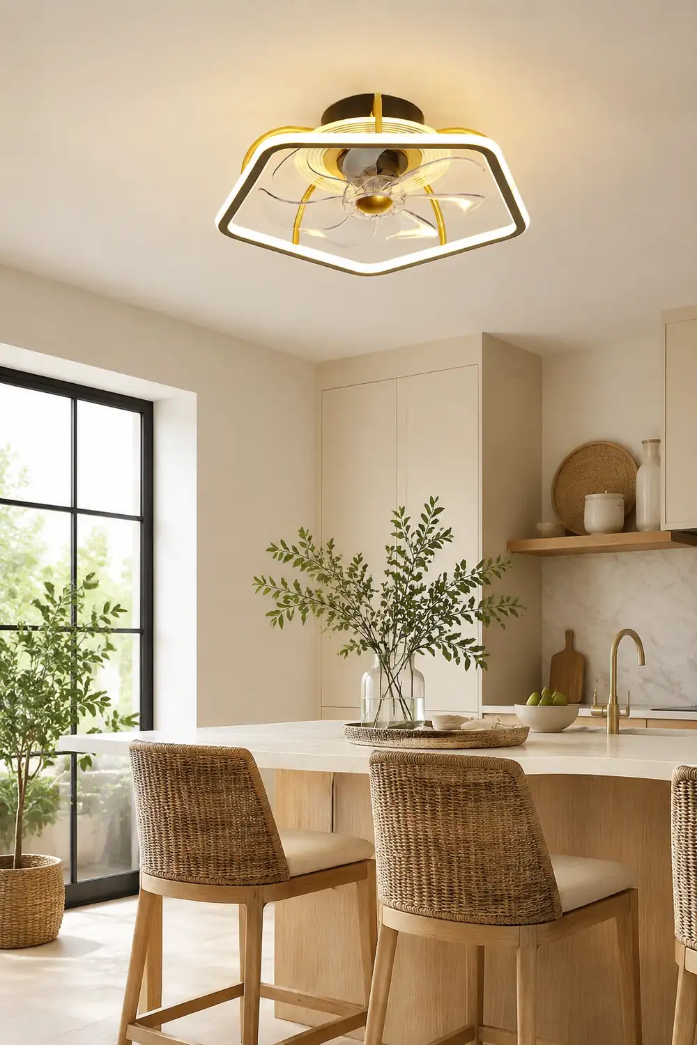 Edge 7-Blade Pentagon Black Ceiling Fan with Light, L 19" - Lumpaz
