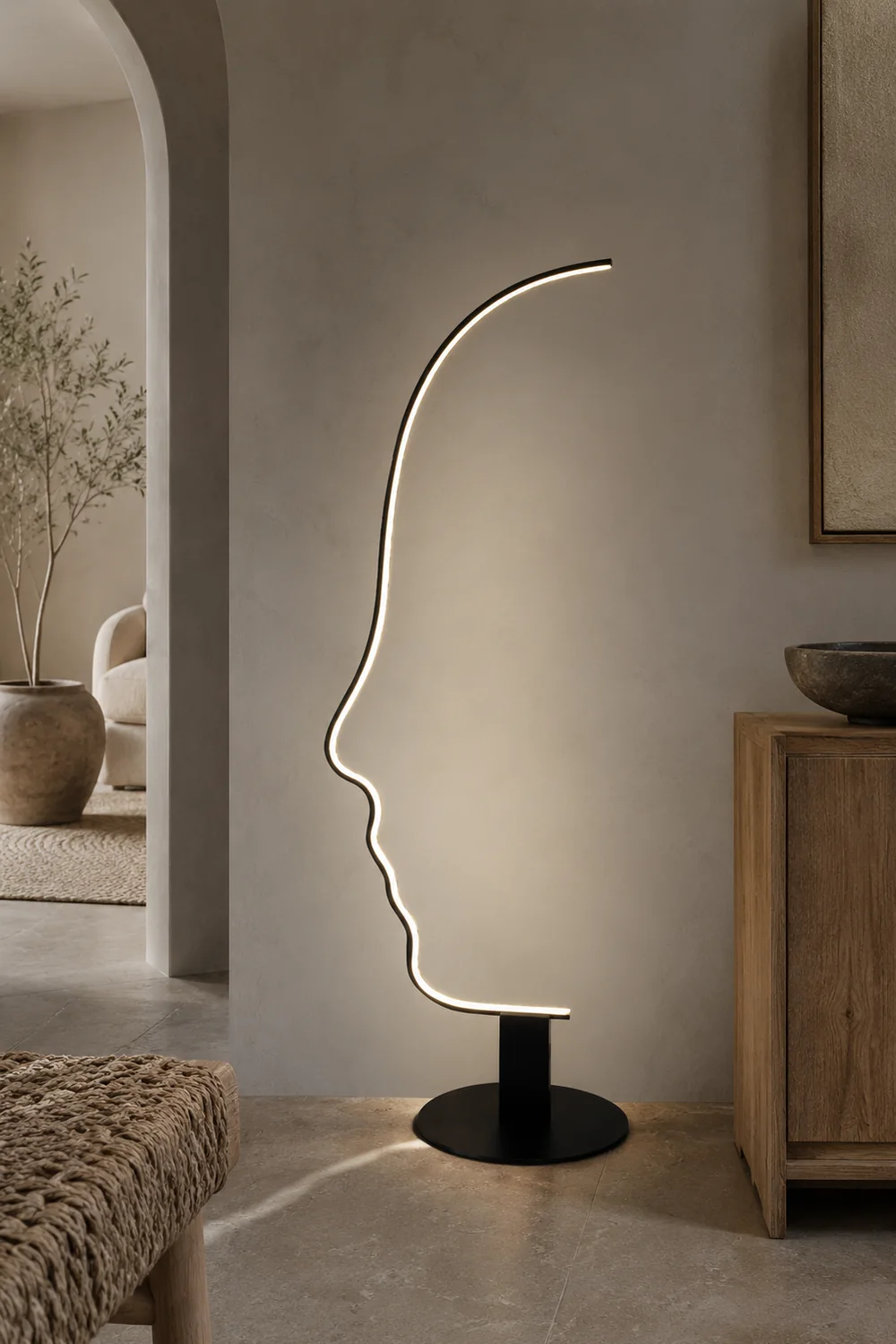 Edge Human Face Profile Modern Arc Floor Lamp, Black, Metal/Silicon - Lumpaz