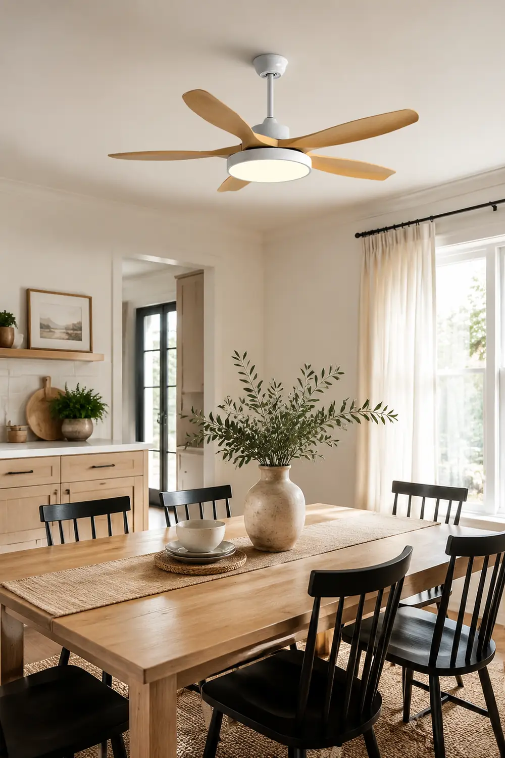 Ozawa Basic White & Black Modern 5-Blade DC Ceiling Fan with Light, Wood, 51'' - Lumpaz