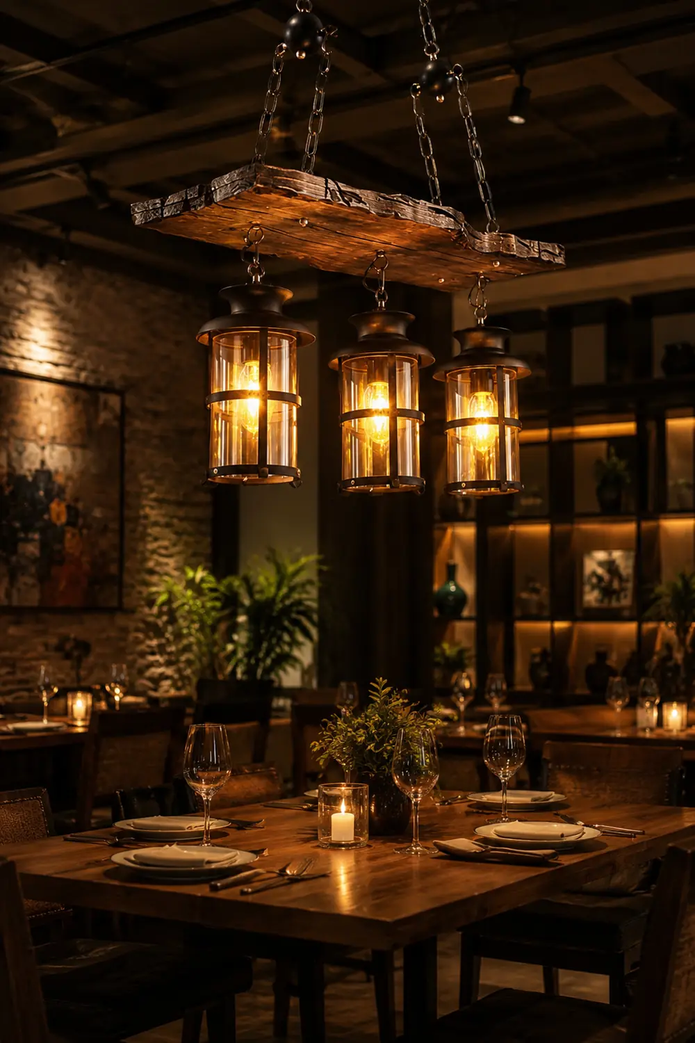 Austin Retro 3 Lantern Linear Wood/Metal, Chandelier - Lumpaz